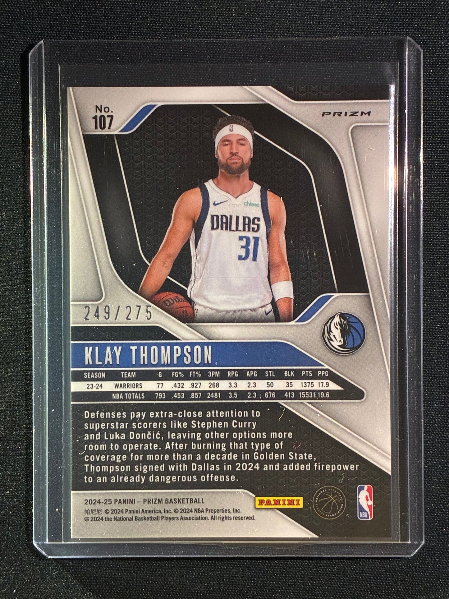 2024-25 Prizm KLAY THOMPSON White Lazer 249/275 #107