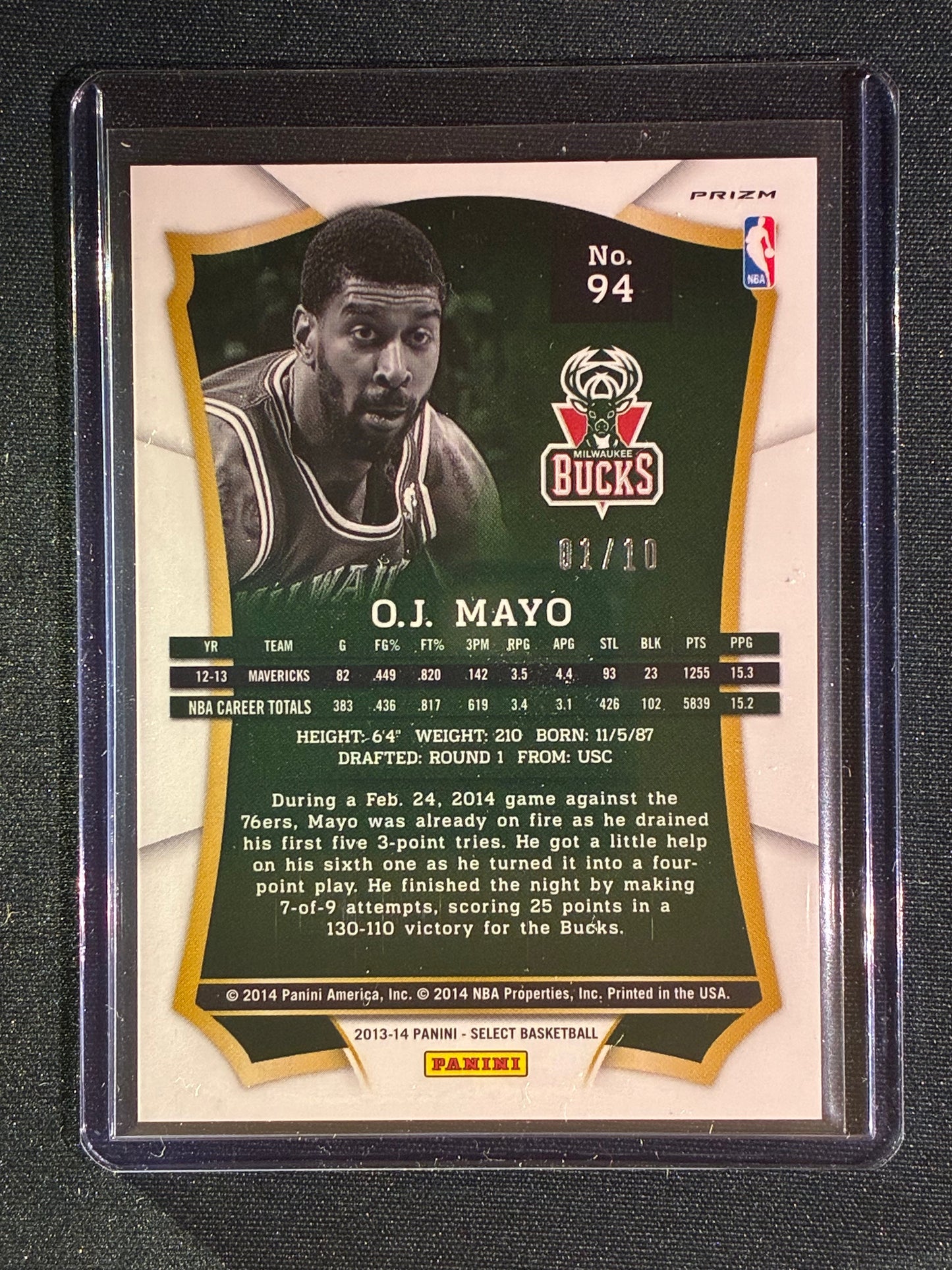 2013-14 Select O.J. MAYO Gold Prizm 1/10 #94