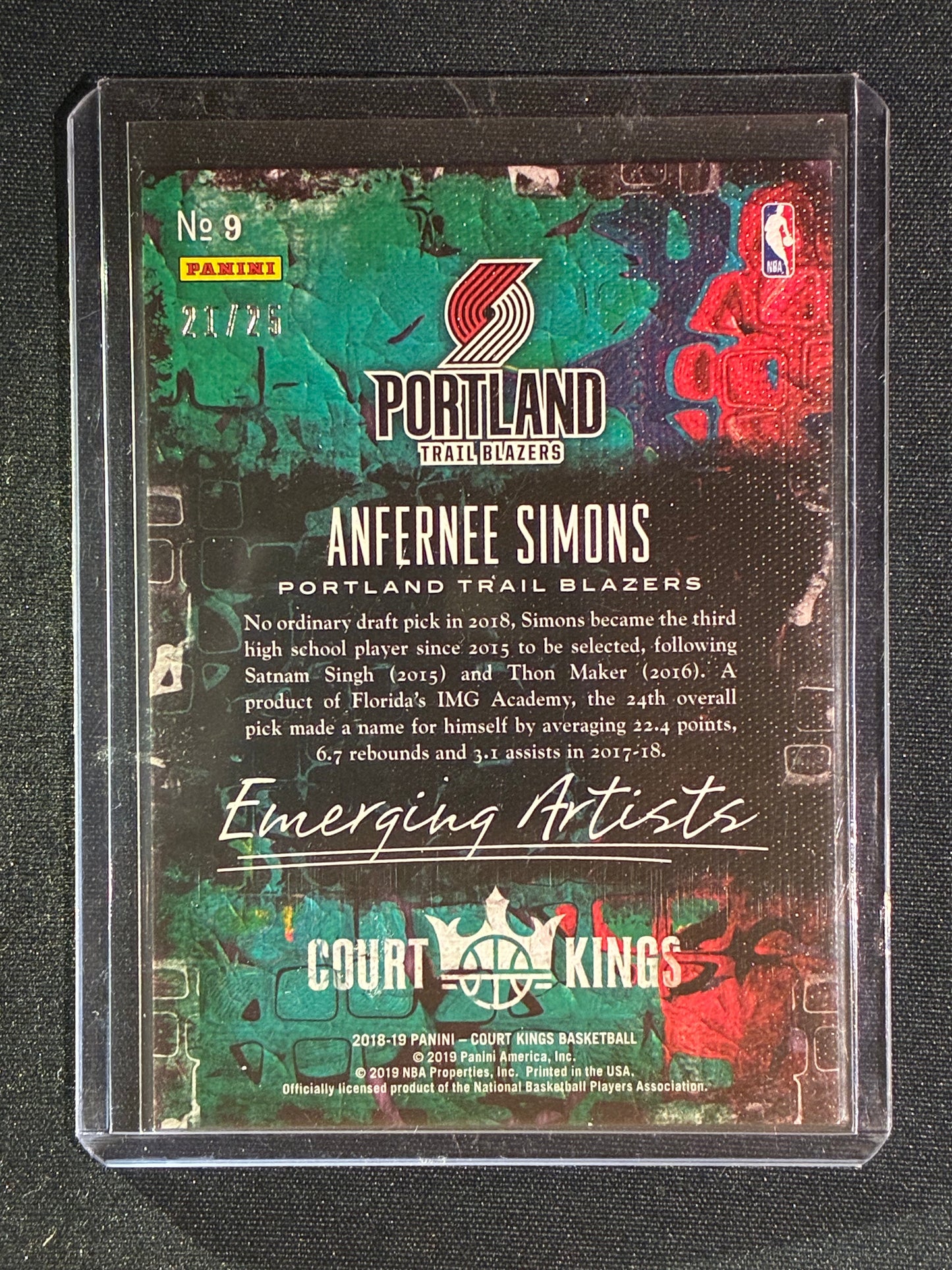 2018-19 Court Kings ANFERNEE SIMONS Emerging Artists Rookie Sapphire Blue 21/25 #9