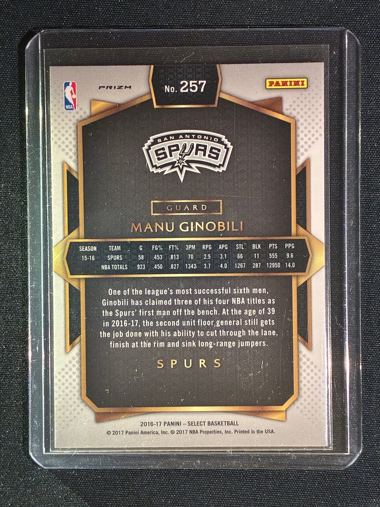 2016-17 Select MANU GINOBILI Courtside Silver Prizm SSP #257