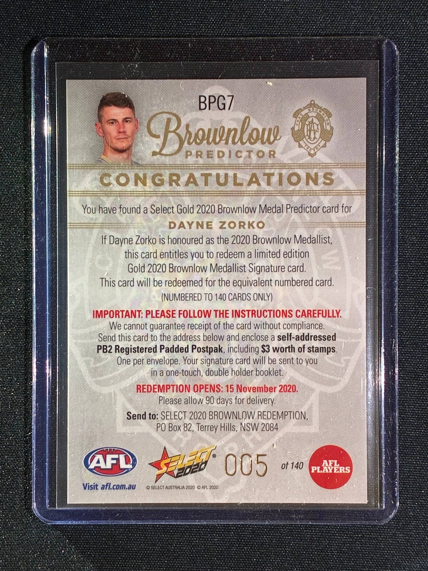 2020 Select Footy Stars DAYNE ZORKO Brownlow Predictor Gold 005/140 #7