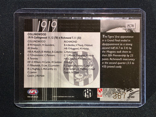 2012 Select Eternity COLLINGWOOD MAGPIES 1919 Premiers Commemorative 367/400 #78