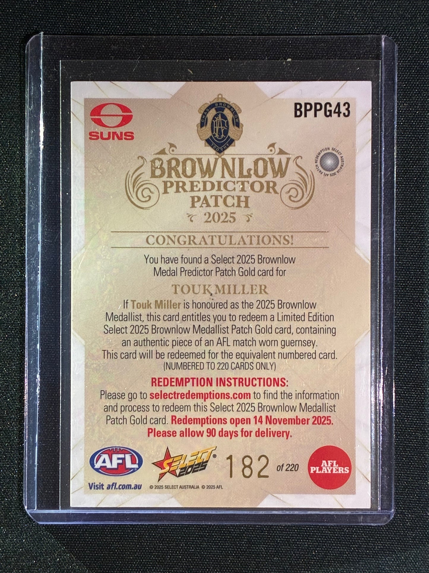 2025 Select Footy Stars TOUK MILLER Brownlow Predictor Patch Gold 182/220 #43