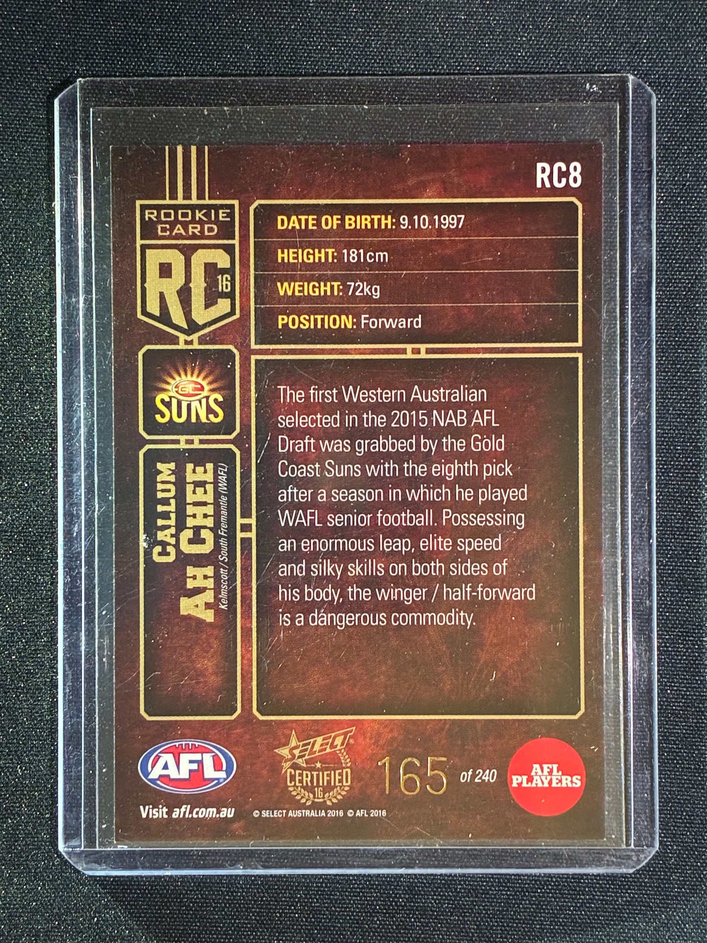 2016 Select Certified CALLUM AH CHEE Rookie 165/240 #8