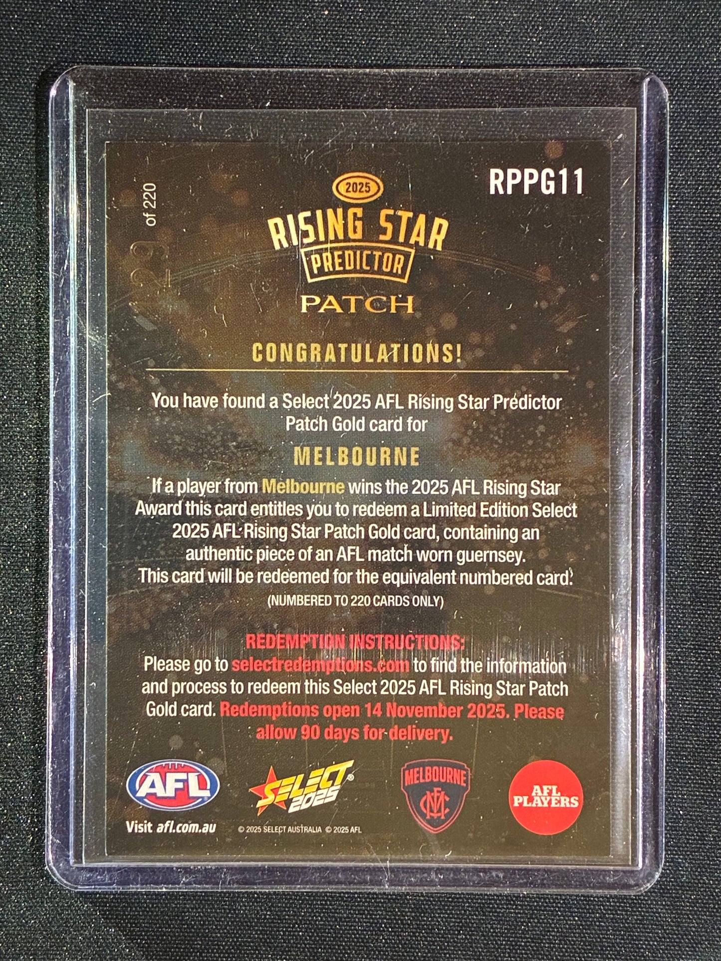 2025 Select Footy Stars MELBOURNE DEMONS Rising Star Predictor Patch Gold 129/220