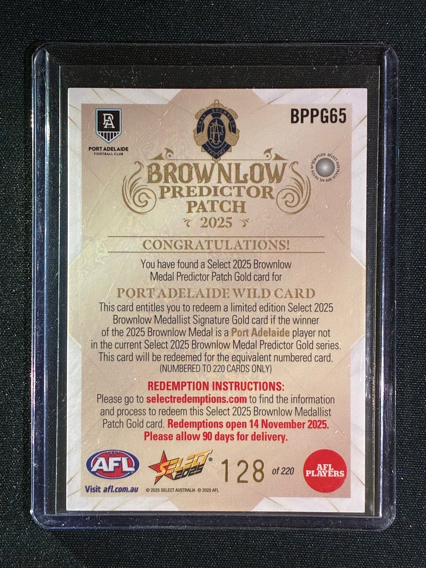 2025 Select Footy Stars PORT ADELAIDE POWER Brownlow Predictor Wildcard Patch Gold 128/220 #65