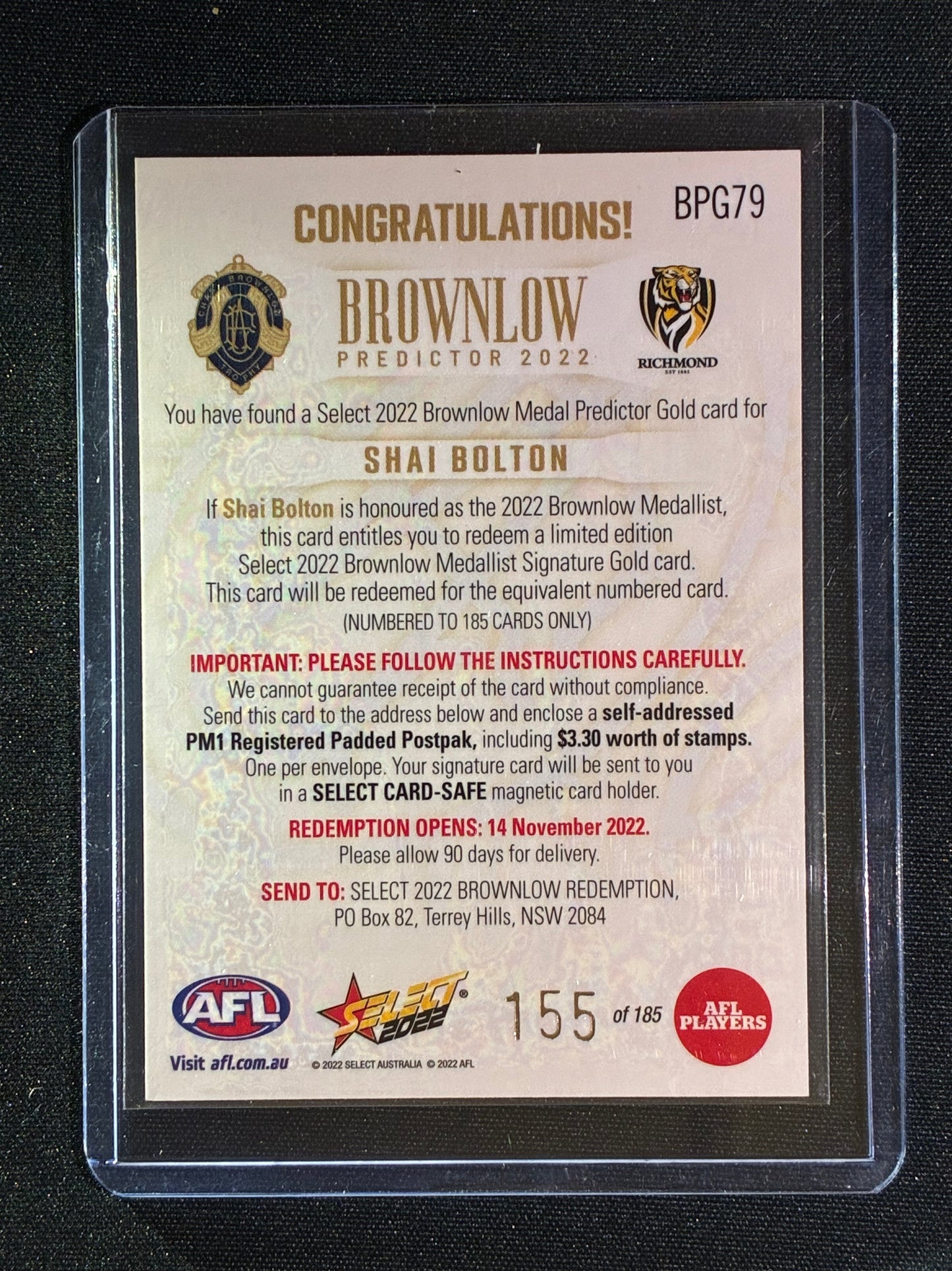 2022 Select Footy Stars SHAI BOLTON Brownlow Predictor Gold 155/185 #79