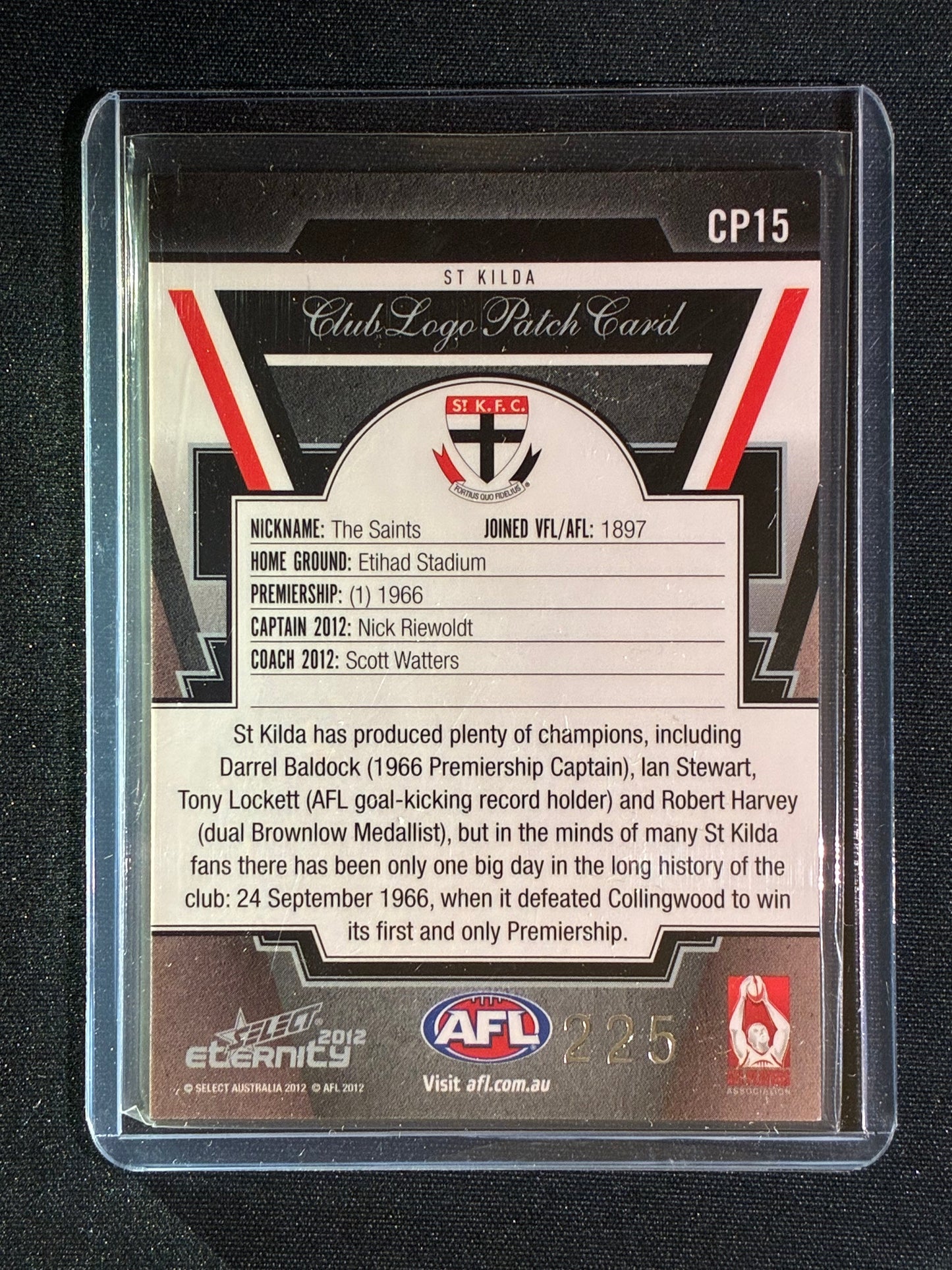 2012 Select Eternity NICK RIEWOLDT Club Logo Patch Card 225/400 #15