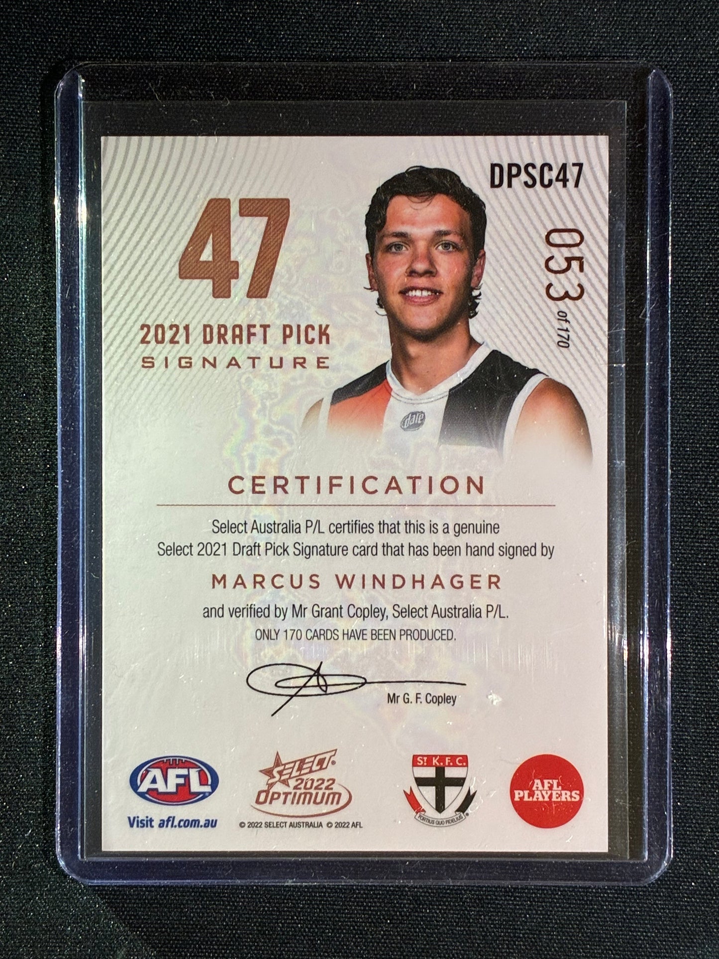 2022 Select Optimum MARCUS WINDHAGER 2021 Draft Pick Signature Copper Bronze 053/170 #47
