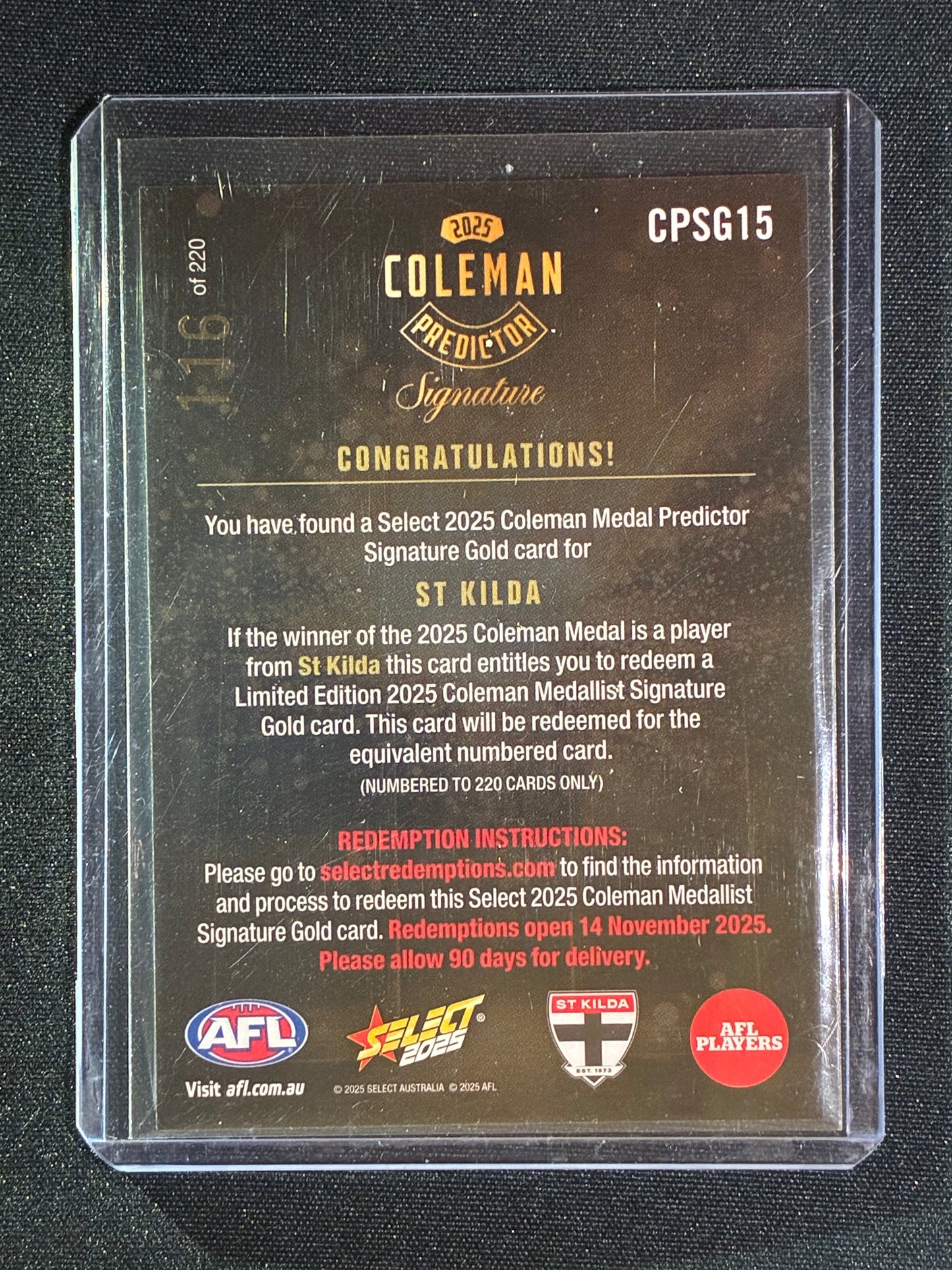 2025 Select Footy Stars ST. KILDA SAINTS Coleman Medal Predictor Signature Gold 116/220 #15