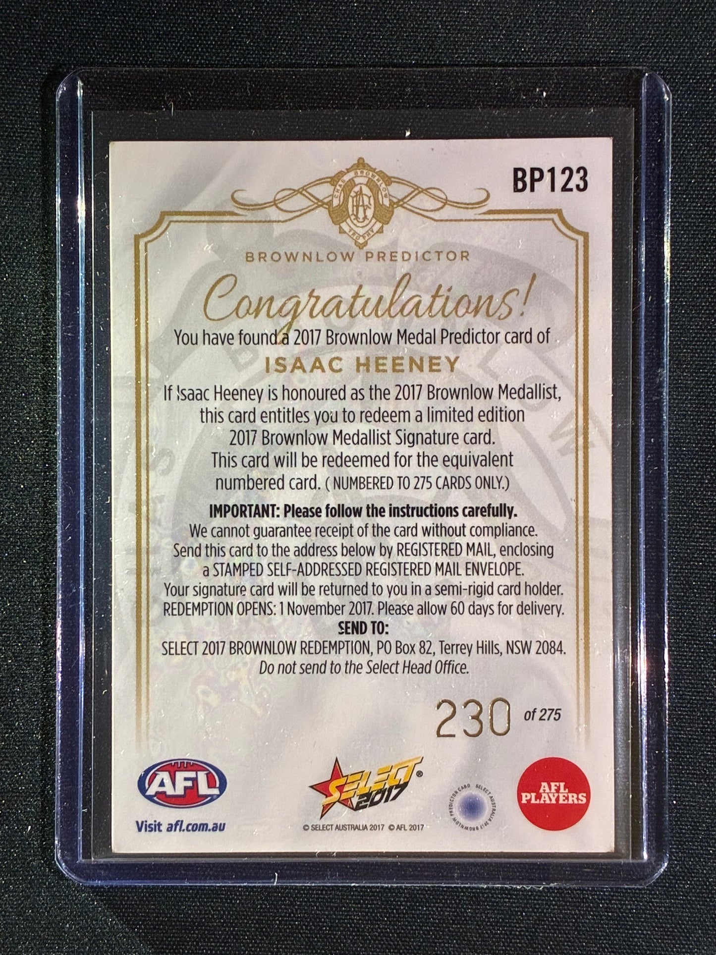 2017 Select Footy Stars ISAAC HEENEY Brownlow Predictor Gold 230/275 #123