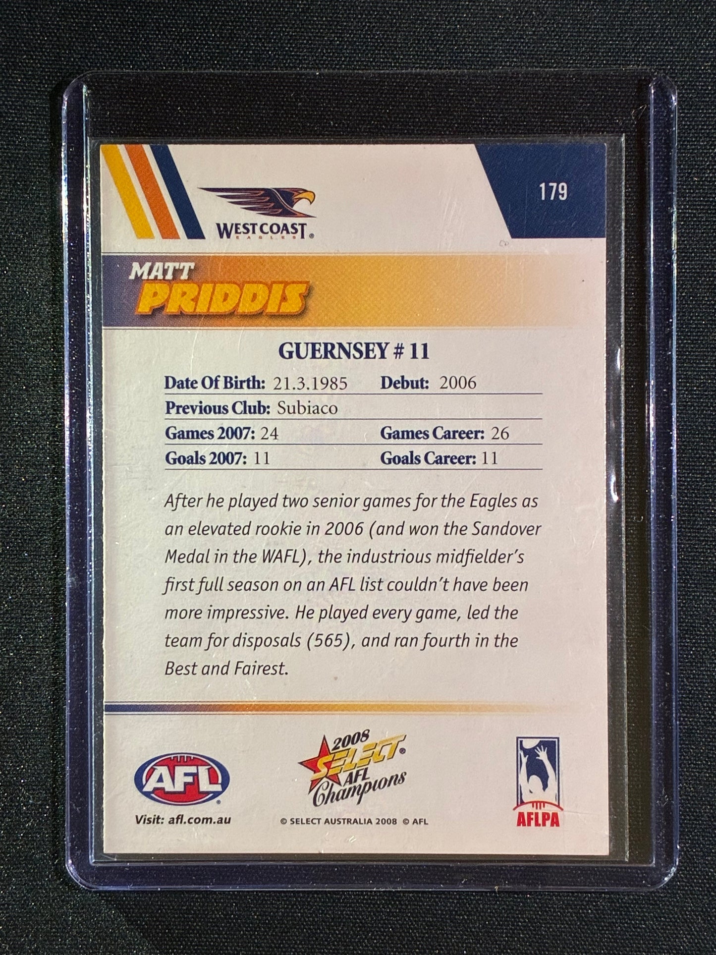 2008 Select Champions MATT PRIDDIS Base Signature Auto IP #179