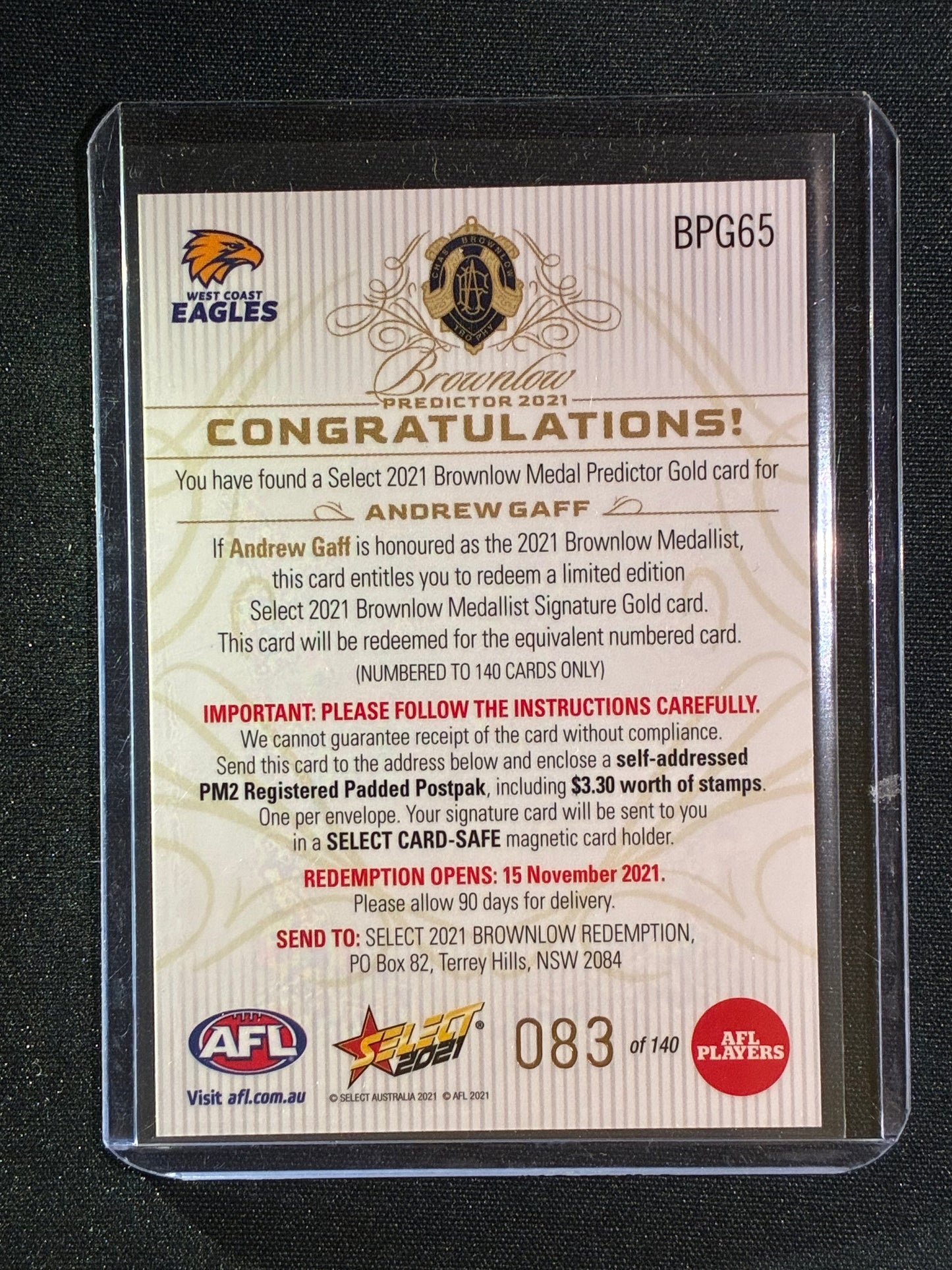 2021 Select Footy Stars ANDREW GAFF Brownlow Predictor Gold 083/140 #65