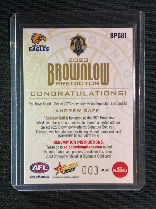 2023 Select Footy Stars ANDREW GAFF Brownlow Predictor Gold 003/140 #81