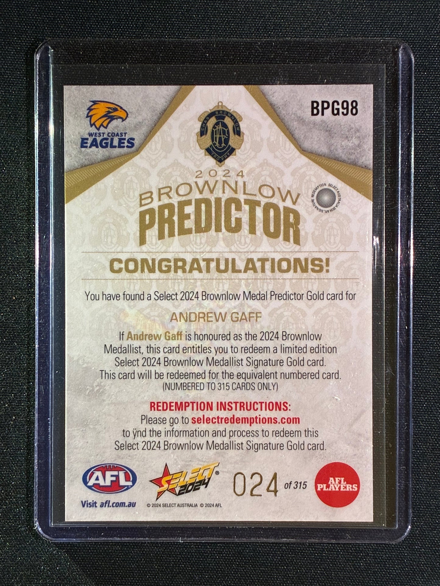 2024 Select Footy Stars ANDREW GAFF Brownlow Predictor Gold 024/140 #98