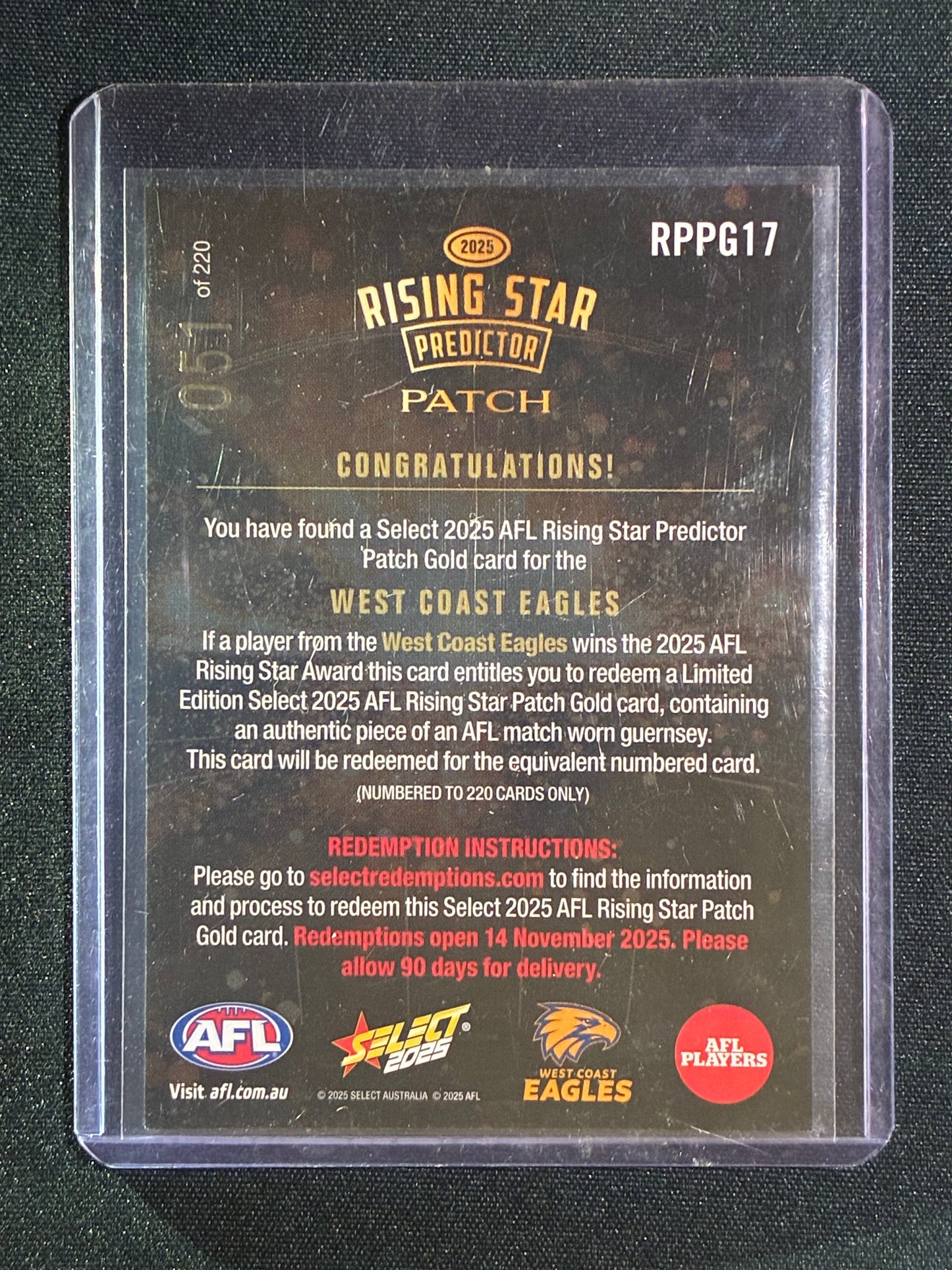 2025 Select Footy Stars WEST COAST EAGLES Rising Star Predictor Patch Gold 051/220 #17