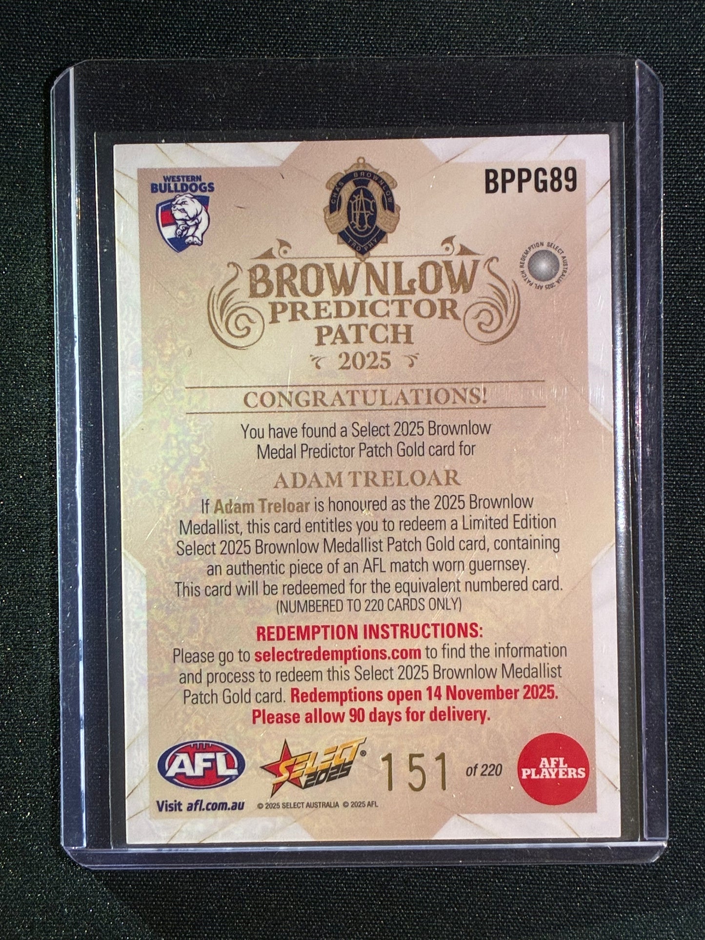 2025 Select Footy Stars ADAM TRELOAR Brownlow Predictor Patch Gold 151/220 #89