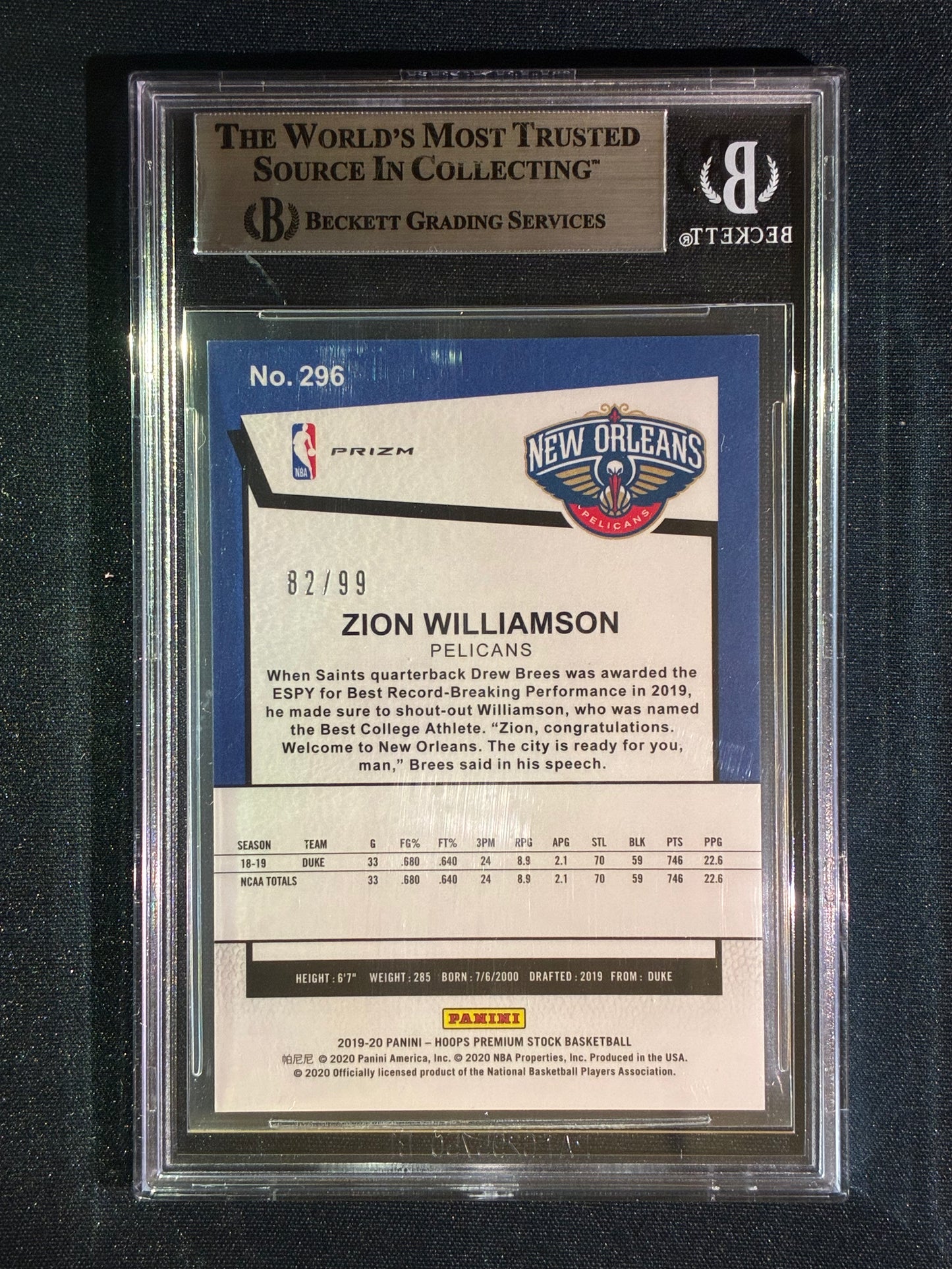 2019-20 Hoops Premium Stock ZION WILLIAMSON Tribute Rookie Prizm Green Flash 82/99 BGS 9