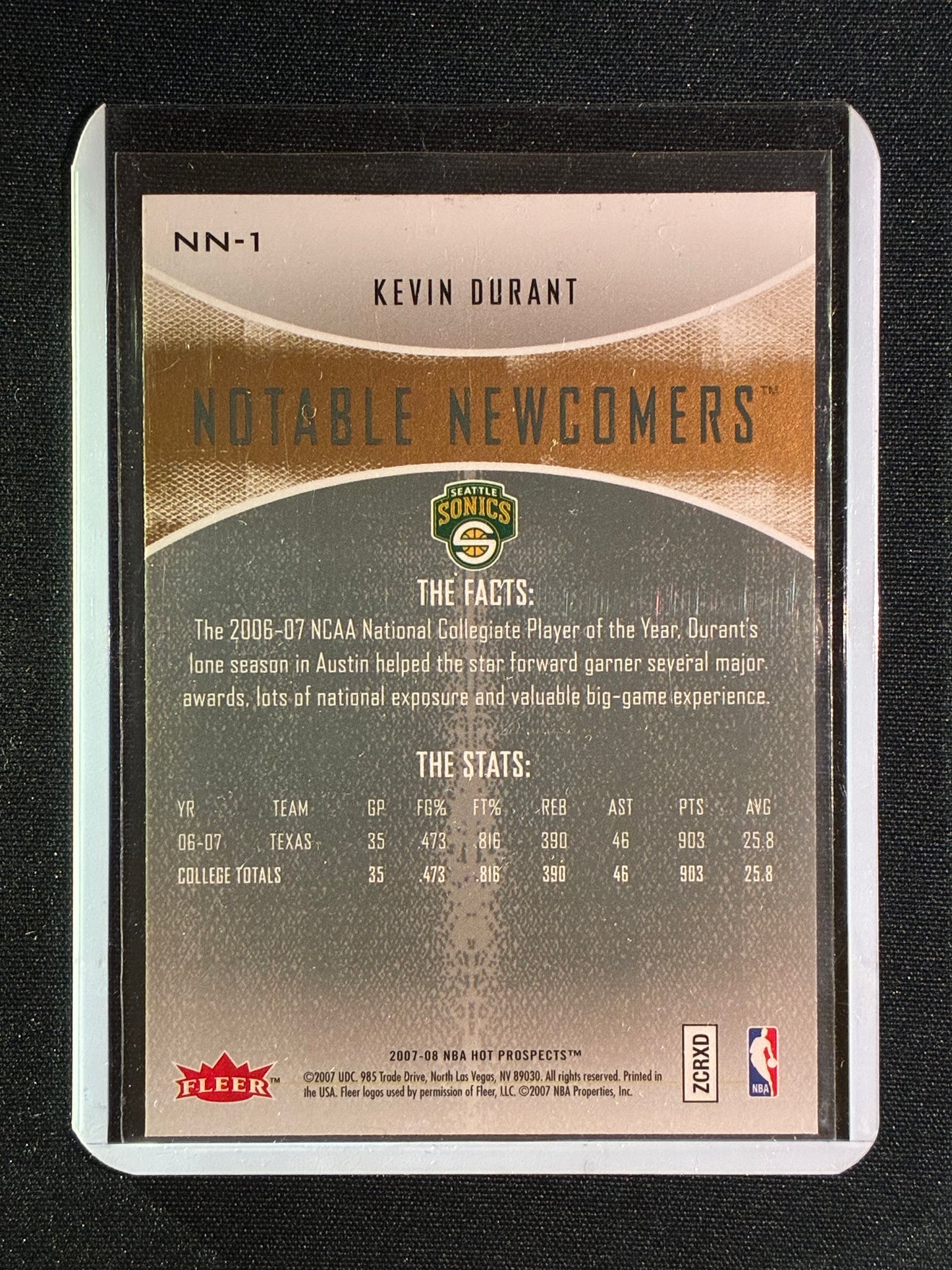 2007-08 NBA Hot Prospects KEVIN DURANT Rookie Notable Newcomers #1