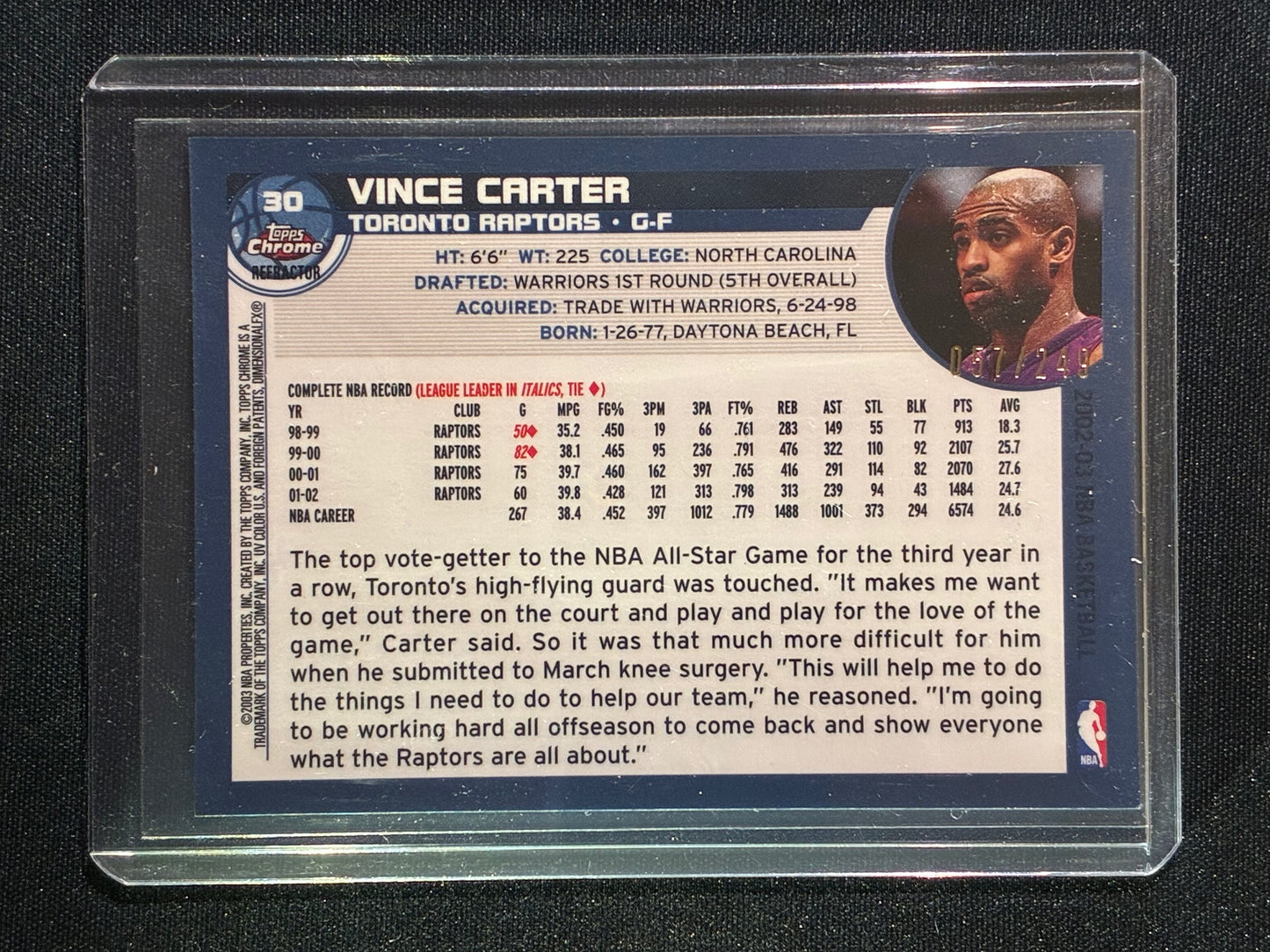 2002-03 Topps Chrome VINCE CARTER White Refractor 57/249 #30