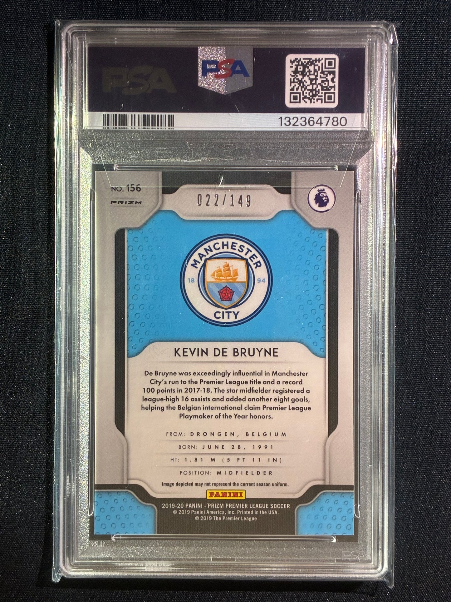 2019-20 Prizm EPL KEVIN DE BRUYNE Red Prizm 22/149 #156 PSA 10 (780)