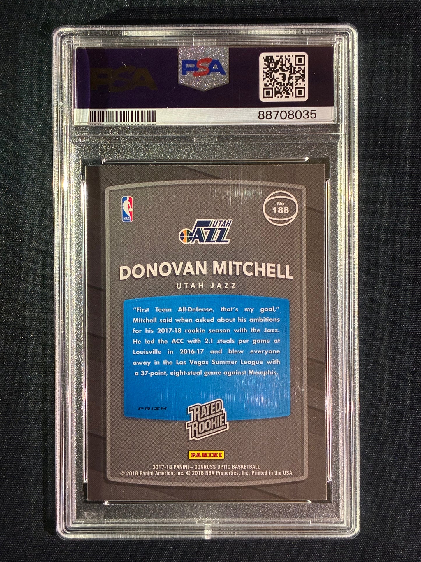 2017-18 Donruss Optic DONOVAN MITCHELL Rated Rookie Holo Prizm Silver #188 PSA 9 (035)