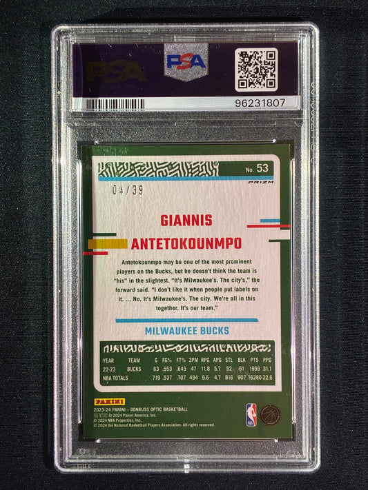 2023-24 Donruss Optic GIANNIS ANTETOKOUNMPO Black Velocity 4/39 #53 PSA 8 (807)