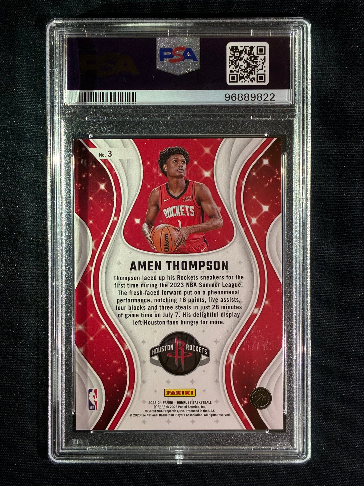 2023-24 Donruss AMEN THOMPSON Magicians Rookie Holo Pink Laser 44/50 PSA 9 (822)