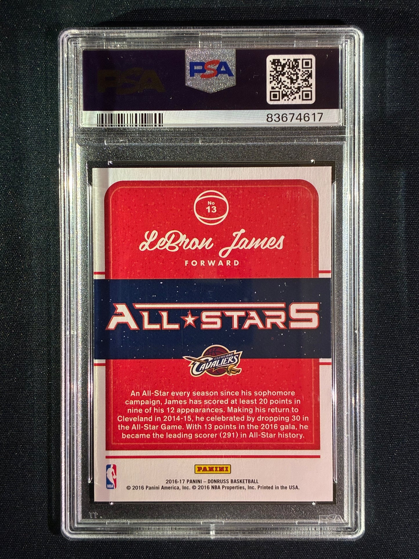 2016-17 Donruss LEBRON JAMES All-Stars Base #13 PSA 10 (617) with KOBE BRYANT