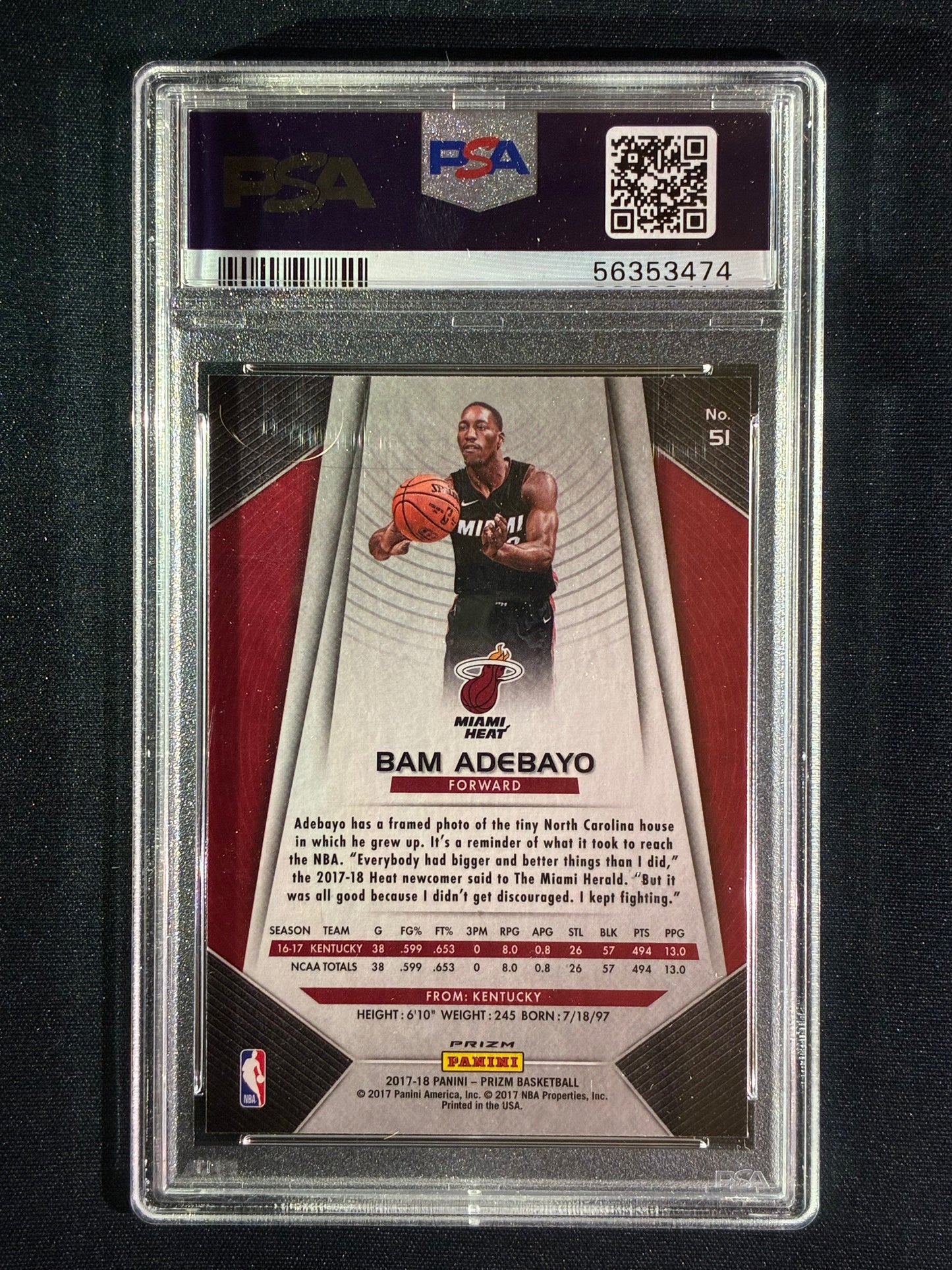 2017-18 Prizm BAM ADEBAYO Rookie Fast Break Silver Prizm #51 PSA 10 (474)