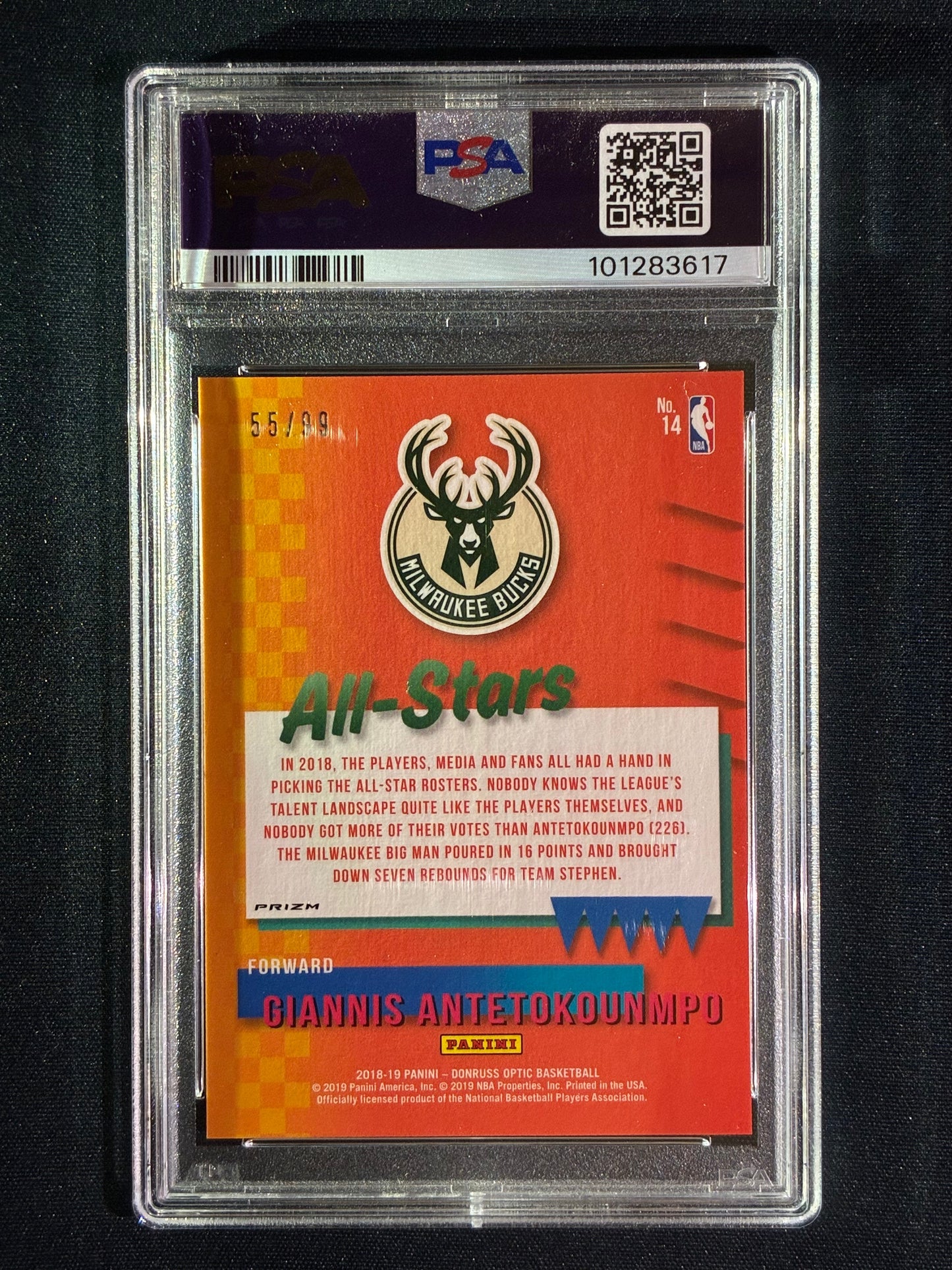 2018-19 Donruss Optic GIANNIS ANTETOKOUNMPO All Stars-Red Prizm 55/99 #14 PSA 10 (617)