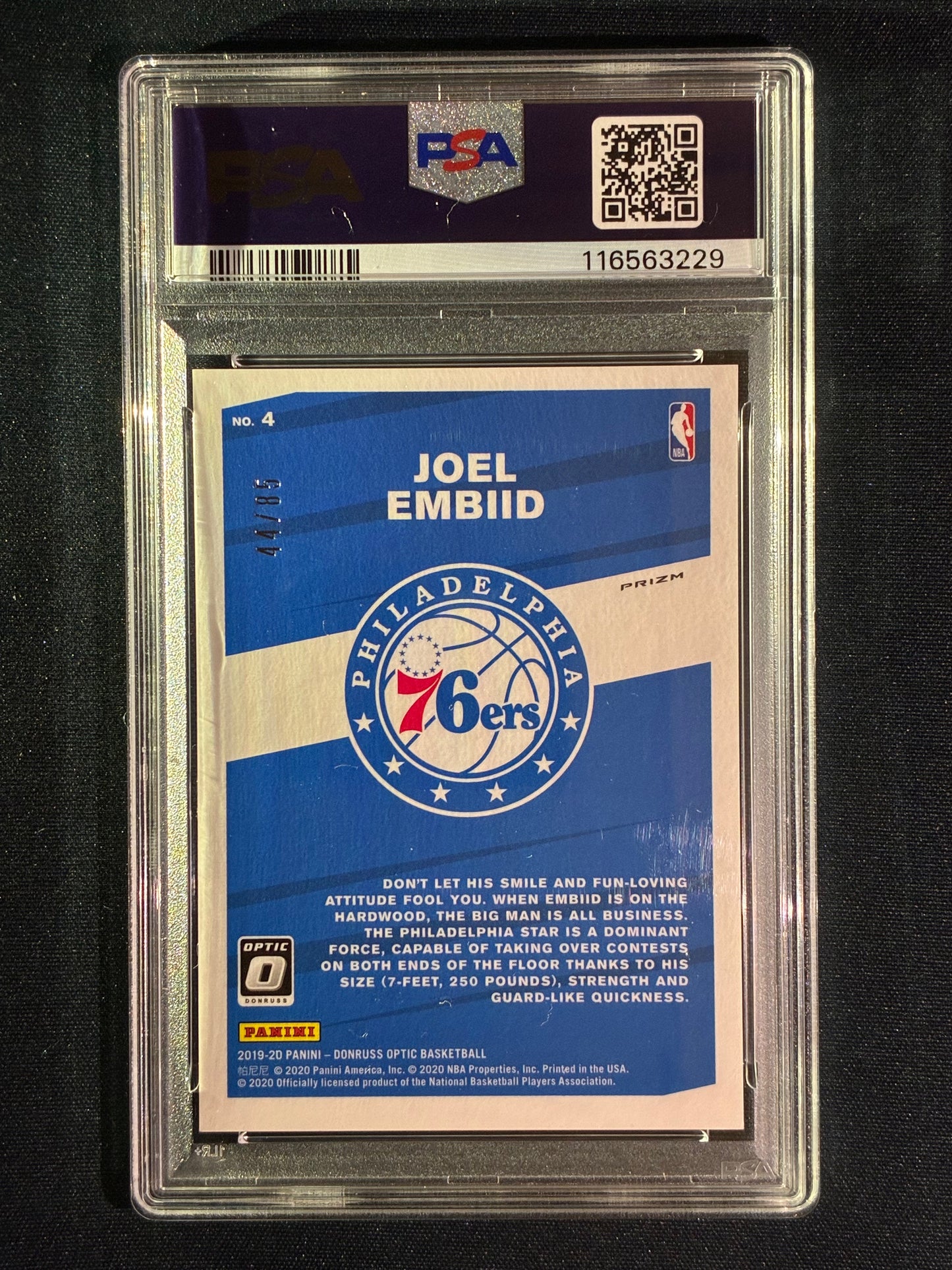 2019-20 Donruss Optic JOEL EMBIID My House! Blue Prizm 44/85 #4 PSA 10 (229)