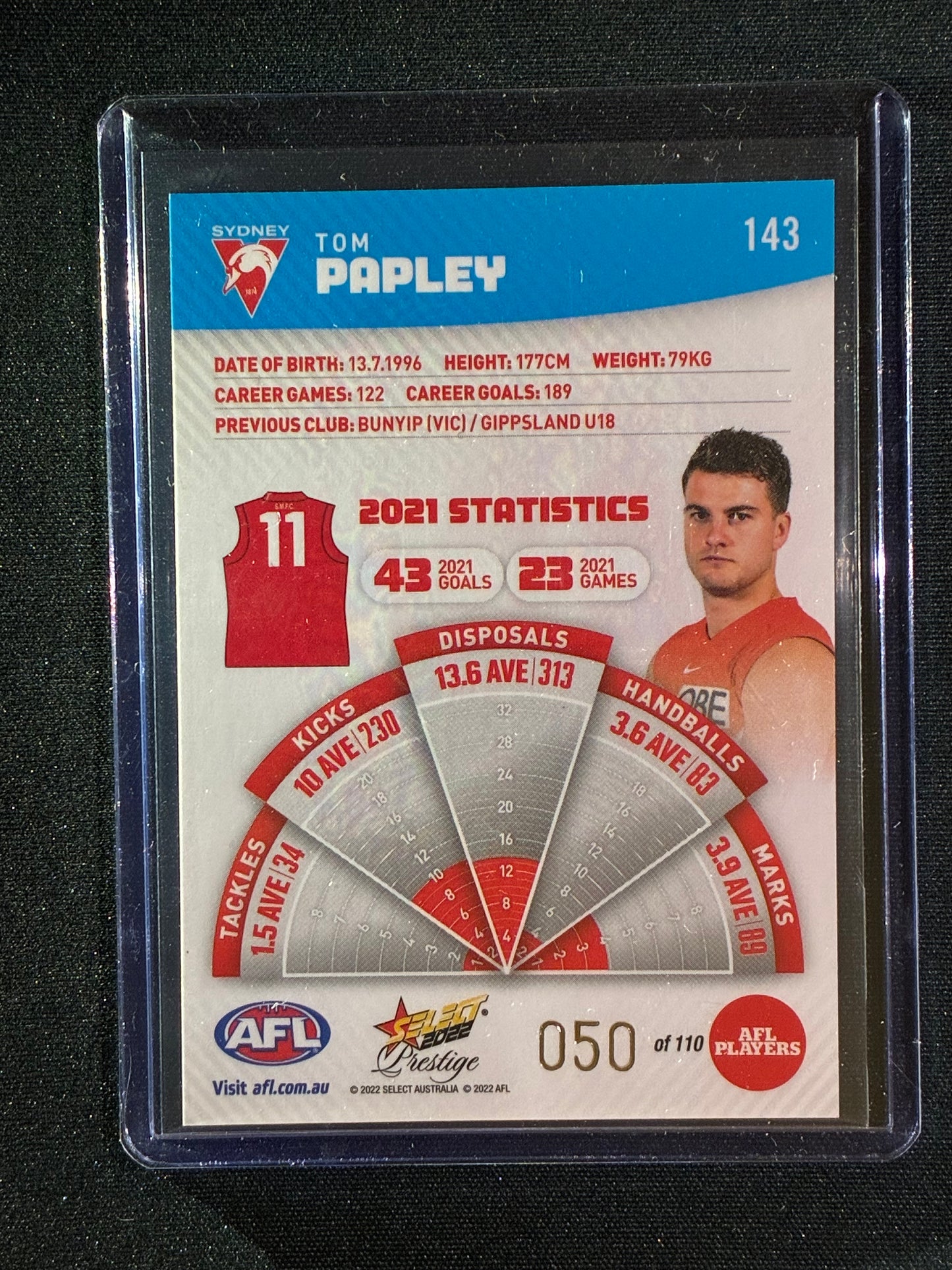 2022 Footy Stars Prestige TOM PAPLEY Blue Parallel 50/110
