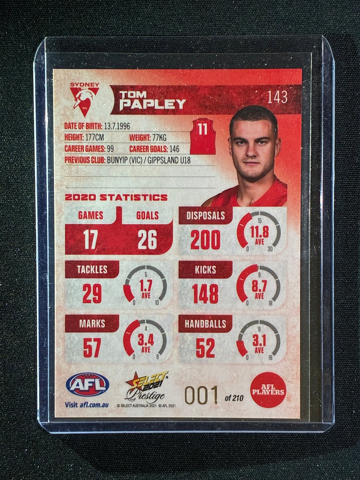 2021 Footy Stars Prestige TOM PAPLEY Red Orange Parallel 001/210 1/1