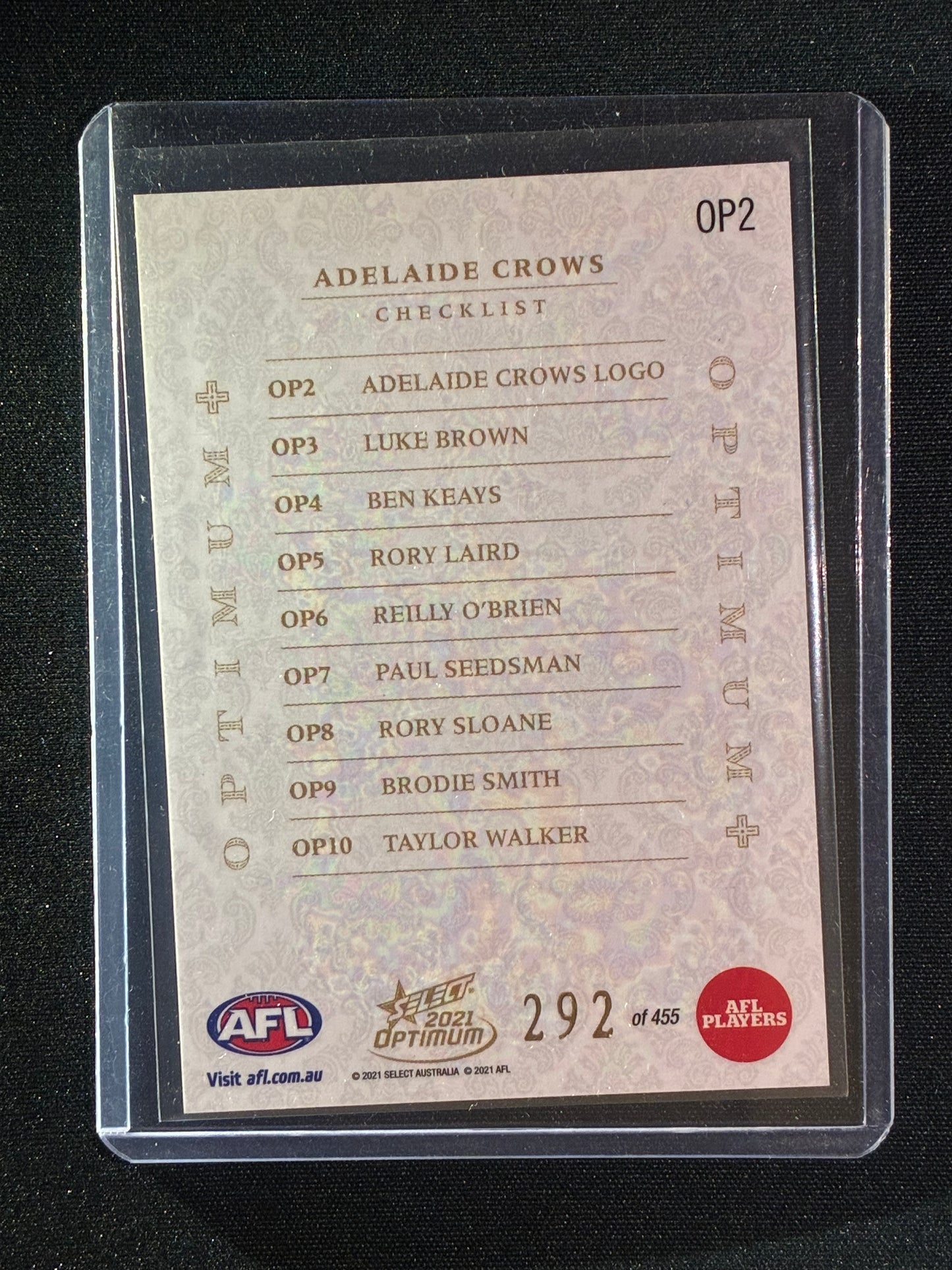 2021 Optimum ADELAIDE CROWS LOGO CHECKLIST Optimum+ Plus 292/455
