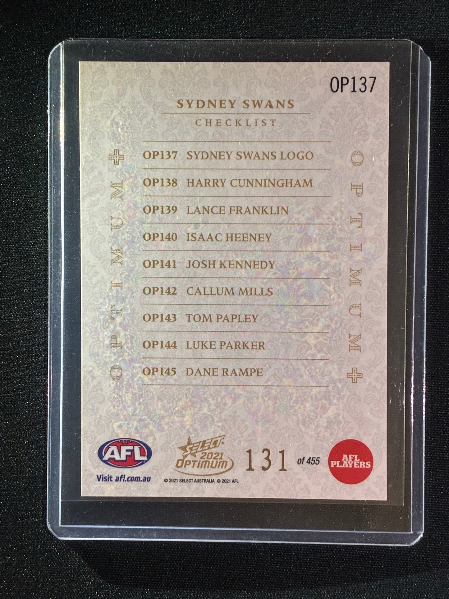 2021 Optimum SYDNEY SWANS LOGO CHECKLIST Optimum+ Plus 131/455
