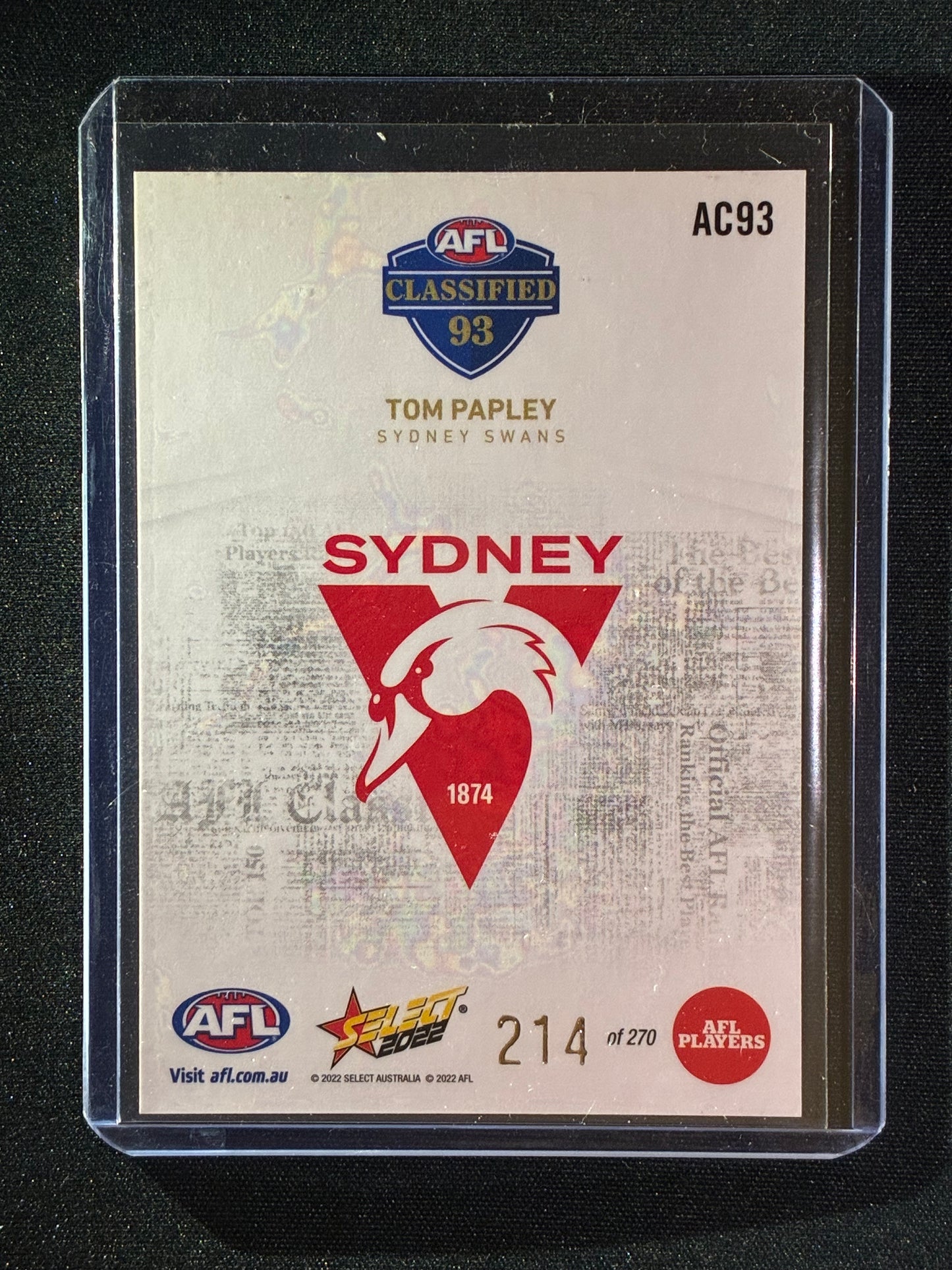 2022 Footy Stars TOM PAPLEY AFL Classified White 214/270