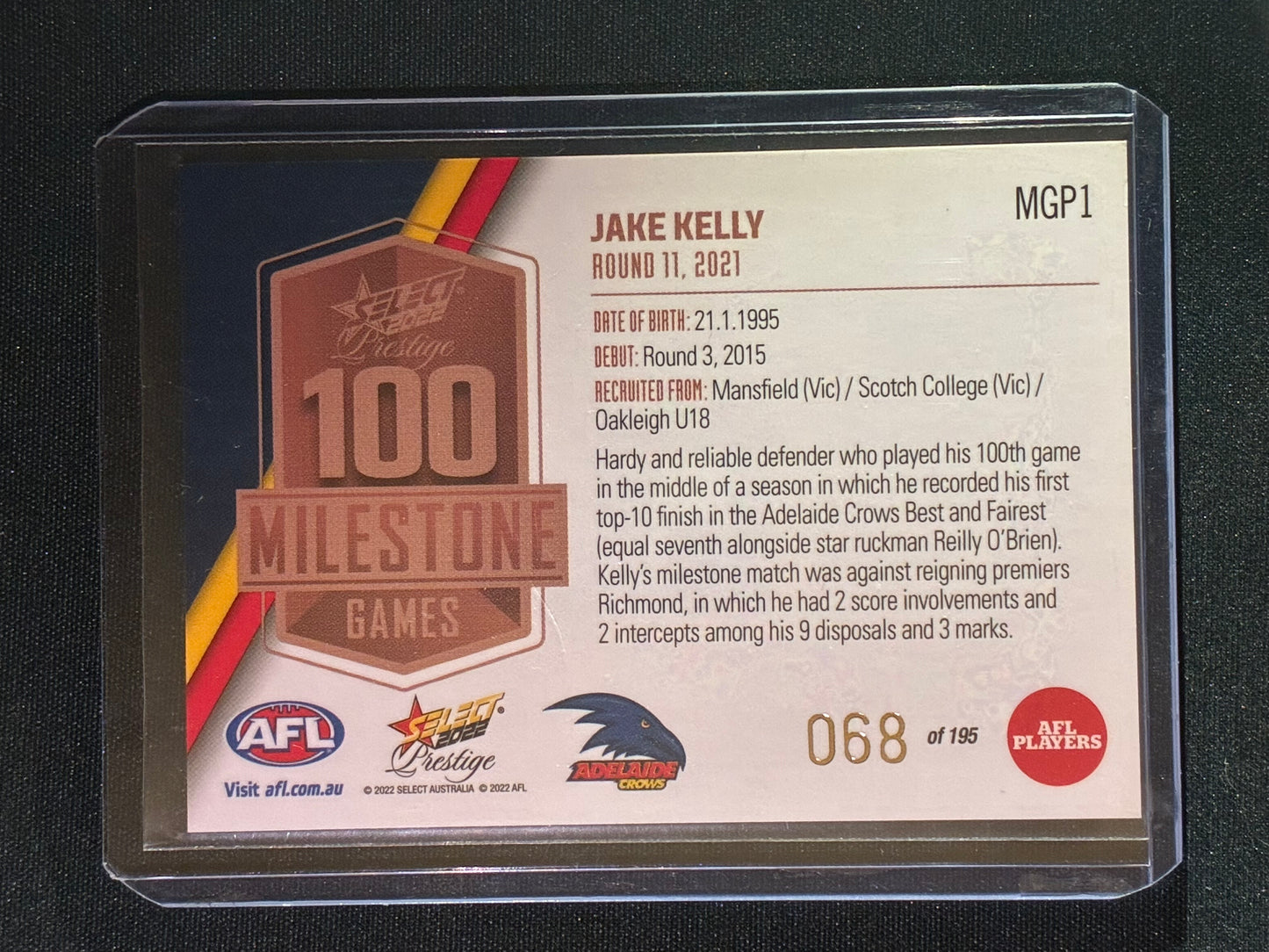 2022 Footy Stars Prestige JAKE KELLY AFL Milestone Games 68/195