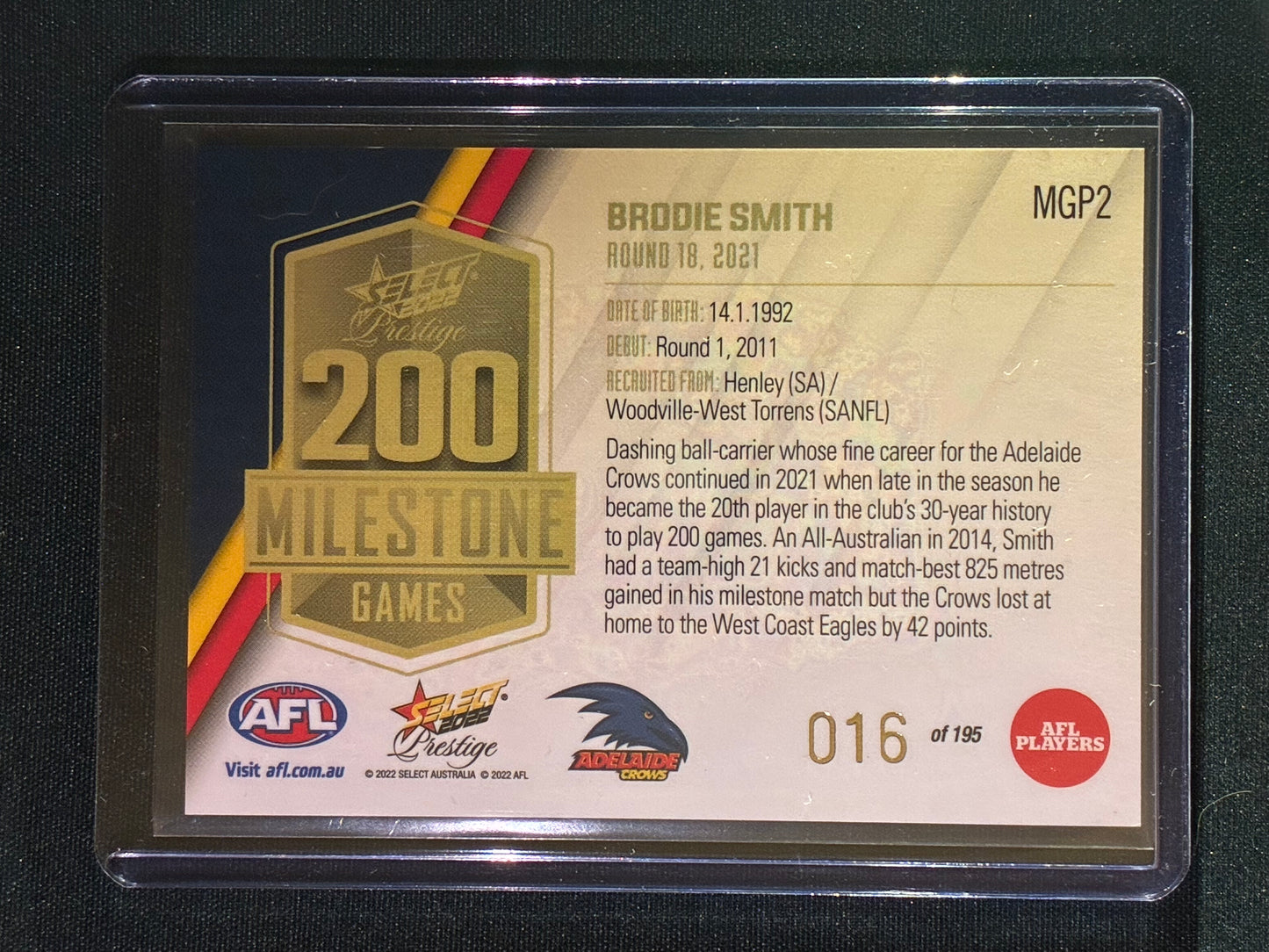 2022 Footy Stars Prestige BRODIE SMITH AFL Milestone Games 16/195
