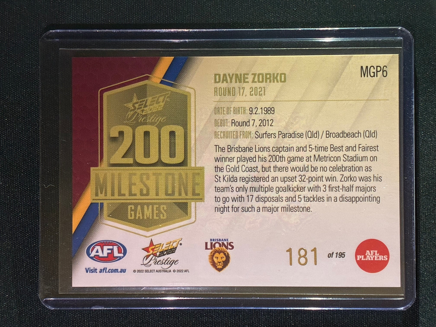 2022 Footy Stars Prestige DAYNE ZORKO AFL Milestone Games 181/195