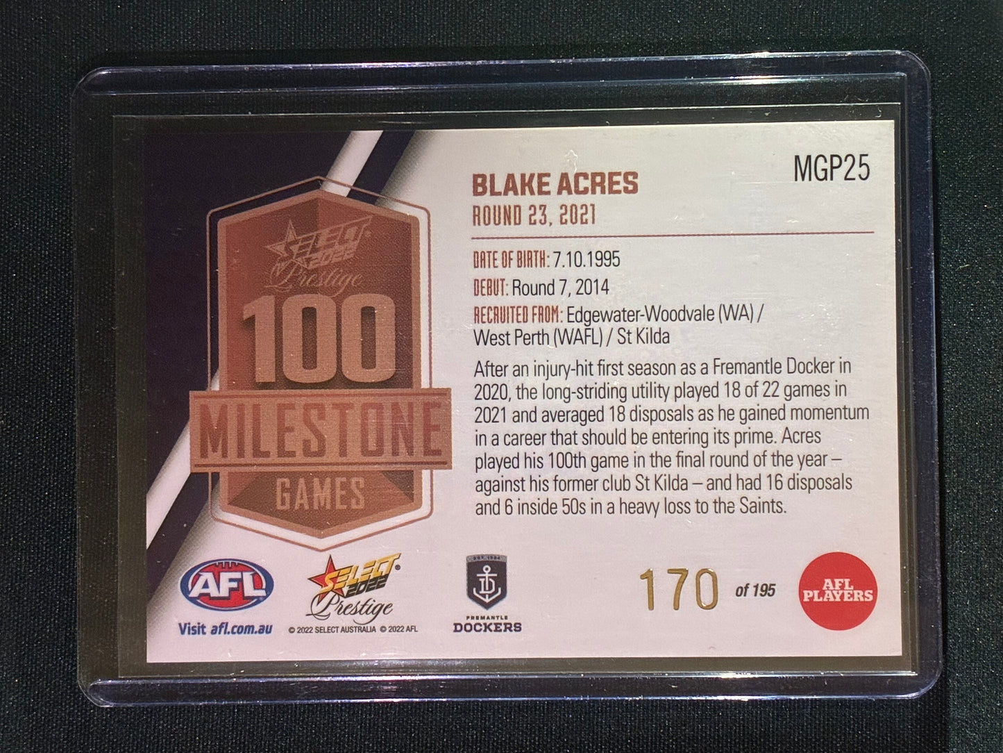 2022 Footy Stars Prestige BLAKE ACRES AFL Milestone Games 170/195