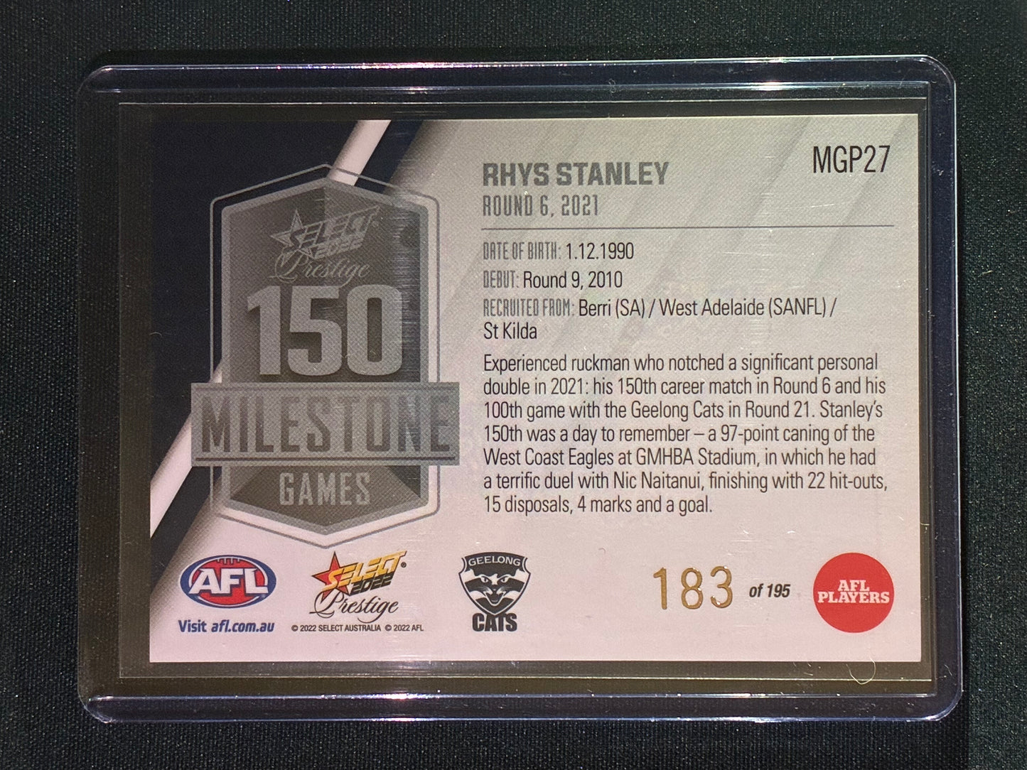 2022 Footy Stars Prestige RHYS STANLEY AFL Milestone Games 183/195