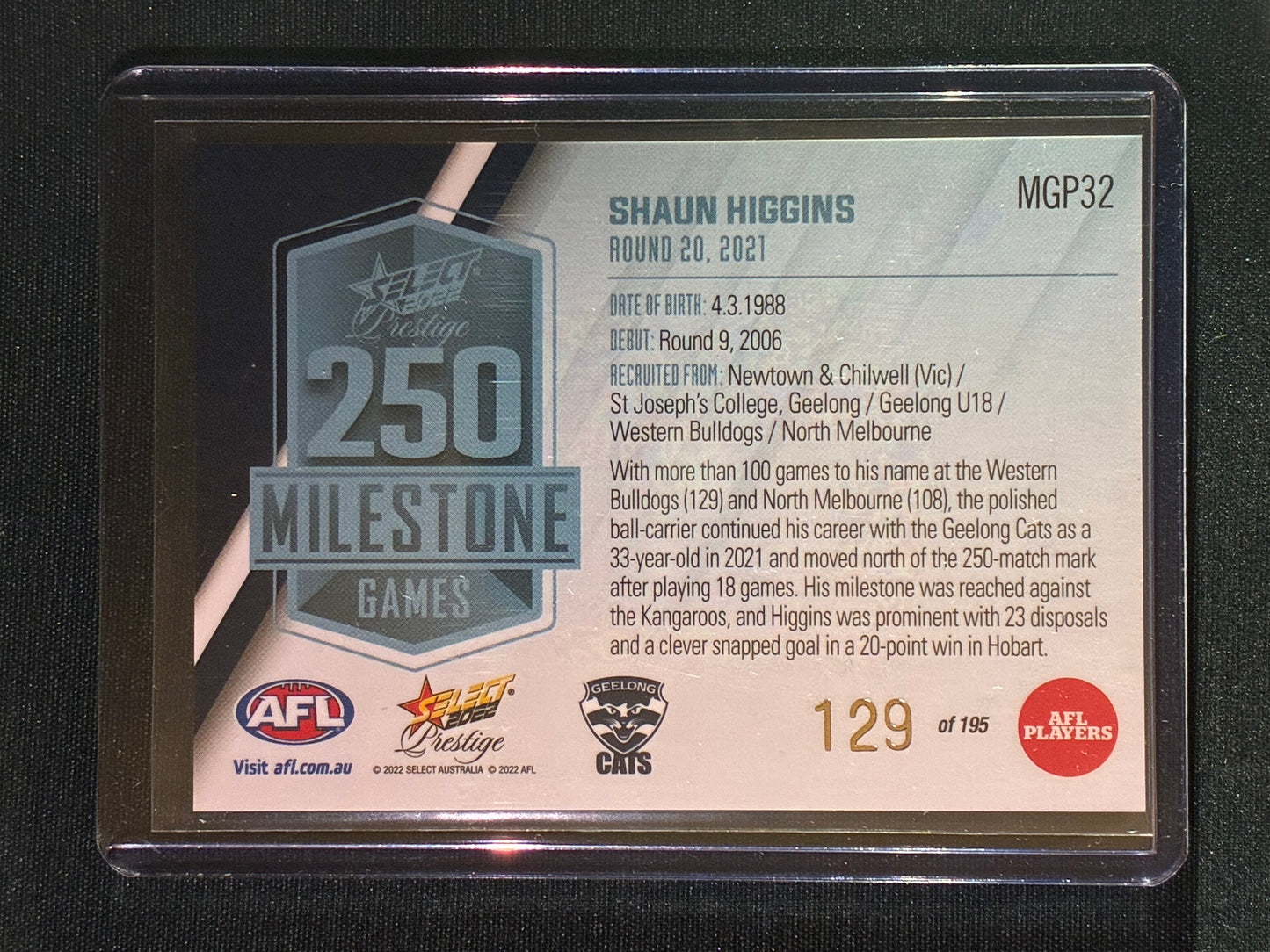 2022 Footy Stars Prestige SHAUN HIGGINS AFL Milestone Games 129/195