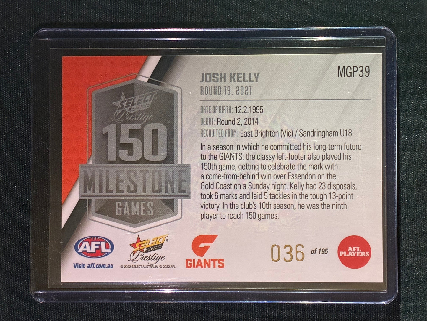 2022 Footy Stars Prestige JOSH KELLY AFL Milestone Games 36/195