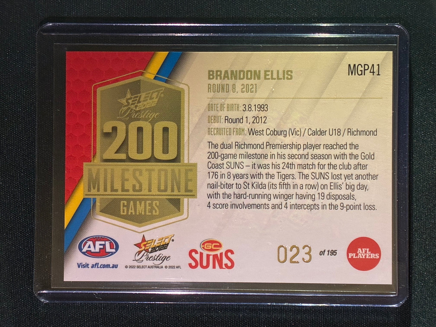 2022 Footy Stars Prestige BRANDON ELLIS AFL Milestone Games 23/195