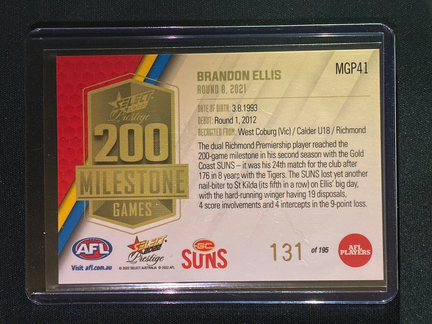 2022 Footy Stars Prestige BRANDON ELLIS AFL Milestone Games 131/195