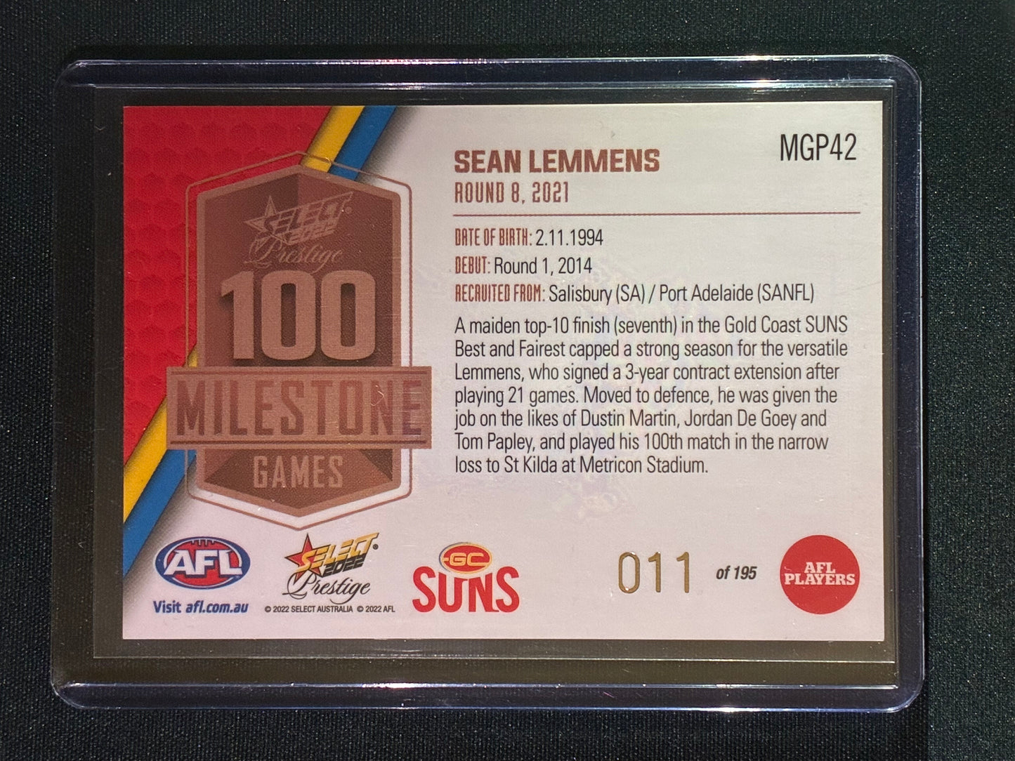 2022 Footy Stars Prestige SEAN LEMMENS AFL Milestone Games 11/195