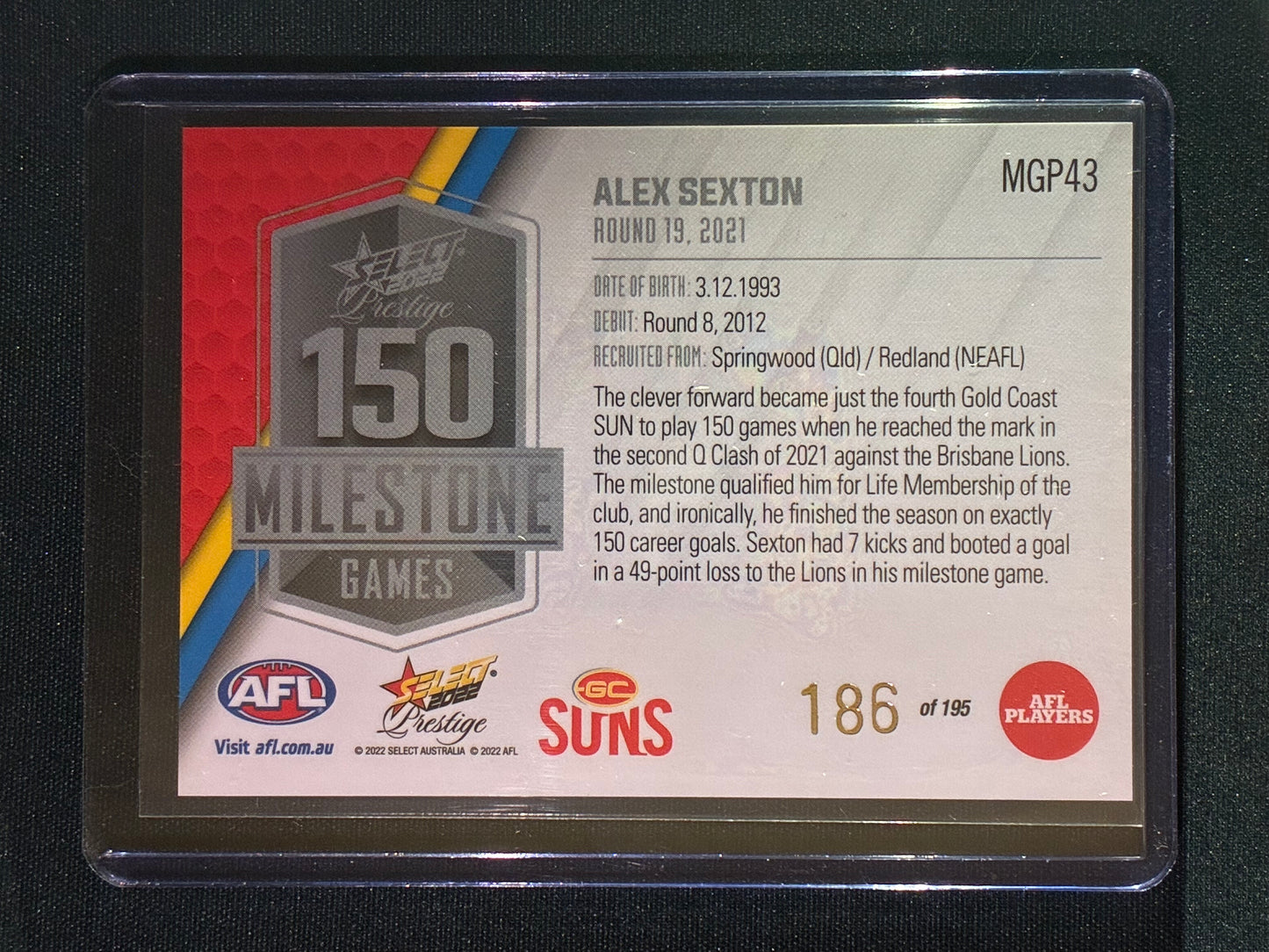 2022 Footy Stars Prestige ALEX SEXTON AFL Milestone Games 186/195