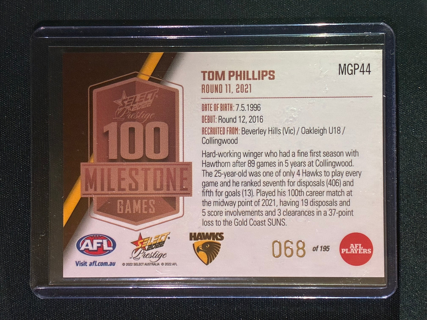 2022 Footy Stars Prestige TOM PHILLIPS AFL Milestone Games 68/195