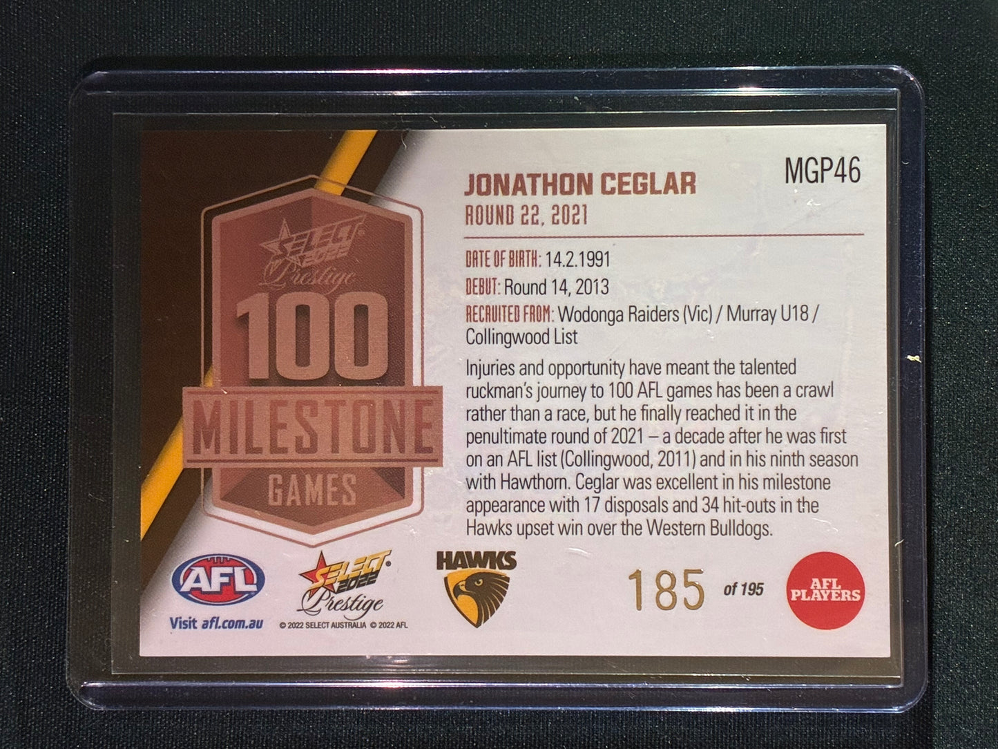 2022 Footy Stars Prestige JONATHAN CEGLAR AFL Milestone Games 185/195